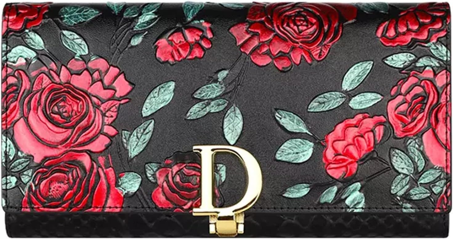 Aslana Genuine Leather Wallet for Women, RFID Blocking Floral Hand Painted Embossed Large Capacity Clutch Purse (Red Rose)