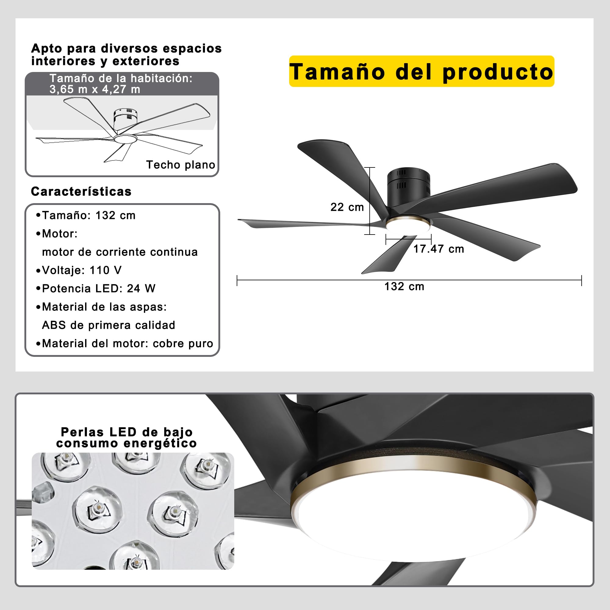 Ohniyou Ventilador de Techo de 132 cm con Luz, Silencioso, Negro