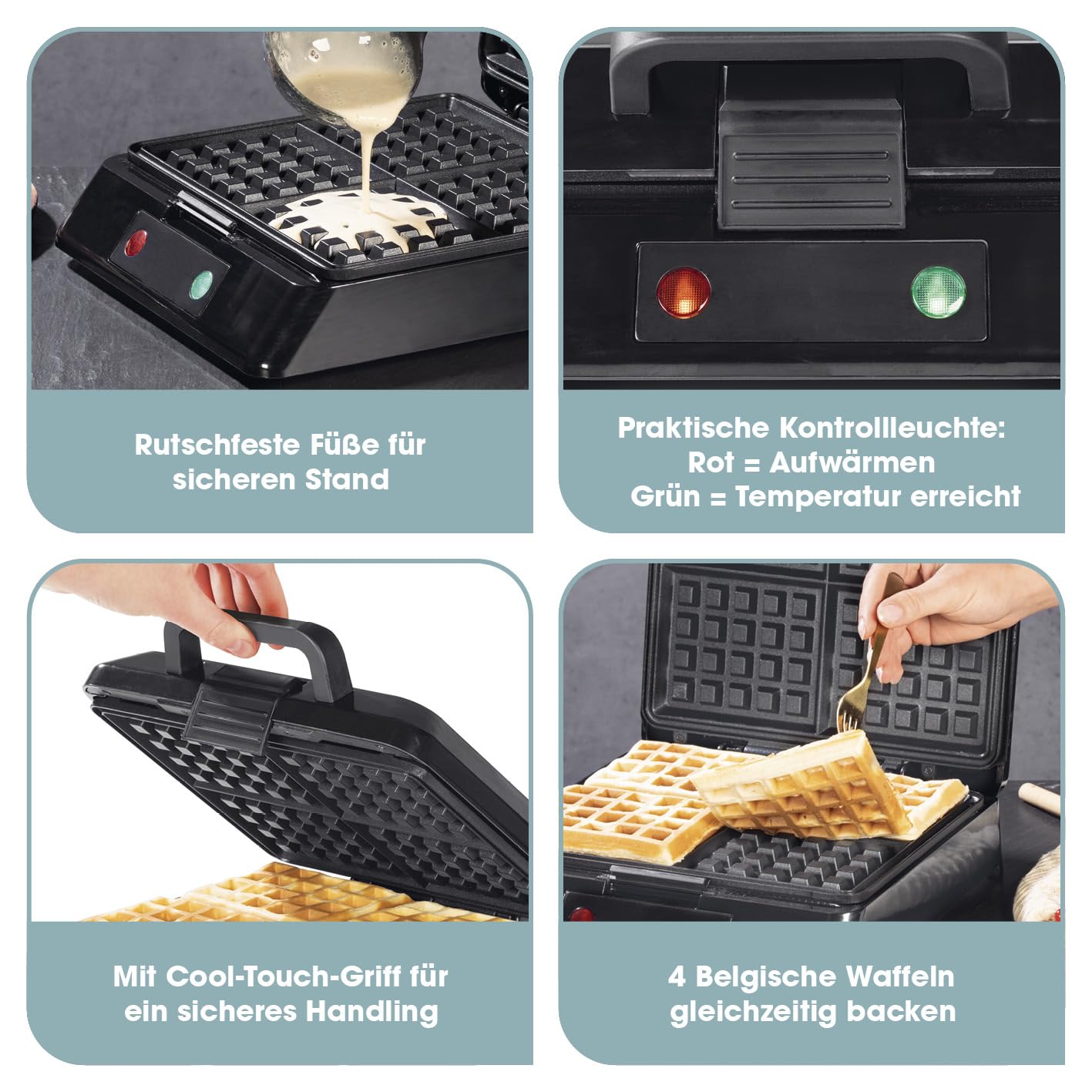 GOURMETmaxx Waffeleisen für 4 Belgische Waffeln | Waffelautomat mit Antihaftbeschichtung, stufenlos einstellbarer Bräunungsgrad und Kontrollleuchte | Duftende belgische Waffeln ganz einfach zubereitet