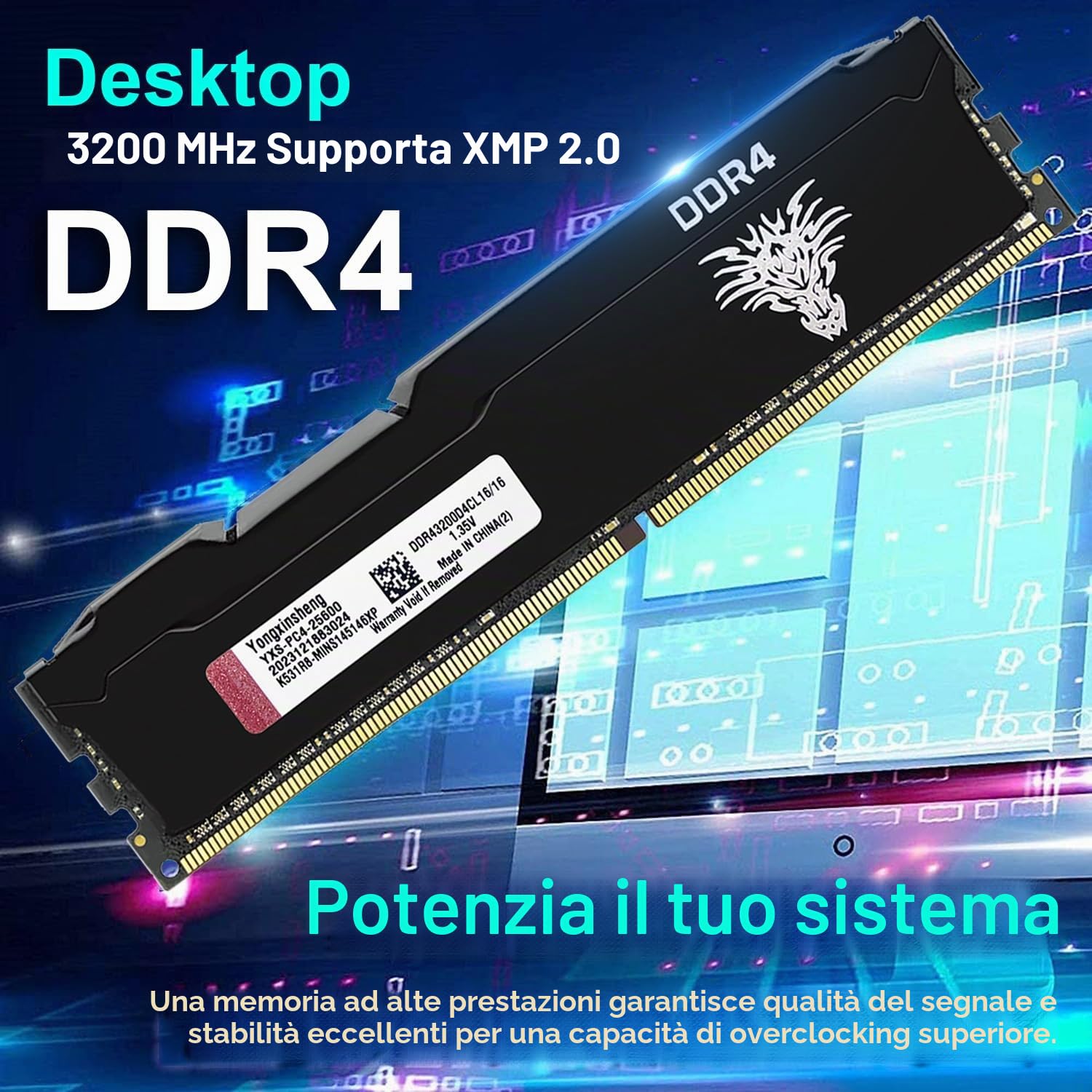 Yongxinsheng DDR4 3200MHz 64GB Kit (16GBx4) Desktop RAM PC4-25600 UDIMM Non-ECC Unbuffered 1.35V 288 Pin CL16 PC Componenti Memoria Upgrade Module Support XMP 2.0 Auto Overclocking (Nero)