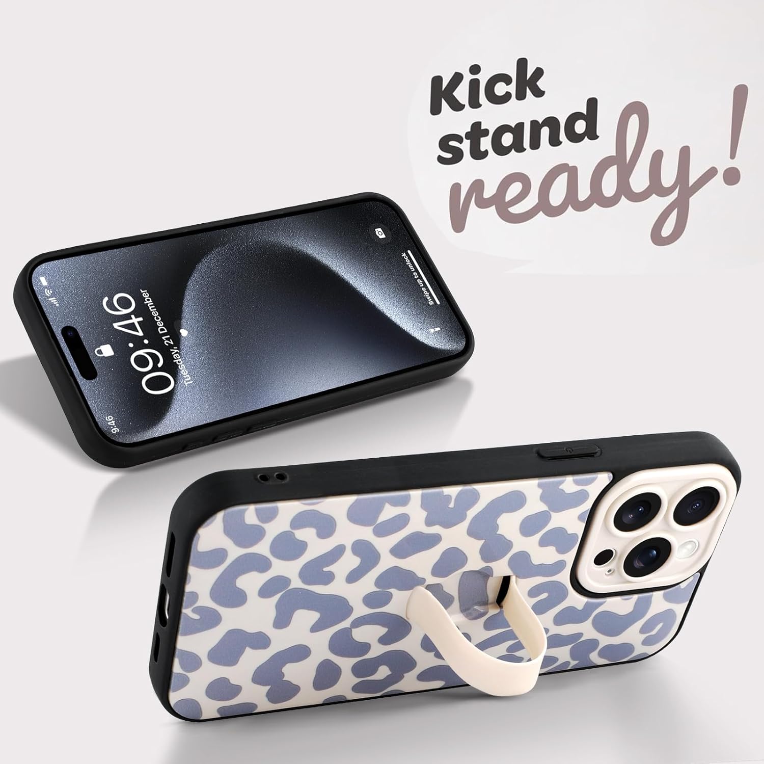 Compatible with iPhone 15 Pro Max Case with Finger Hand Strap Kickstand, Trendy Cool Leopard Cheetah Print Phone Case for Women Men, Full Camera Protection Shockproof Protective Cover, White - Image 4