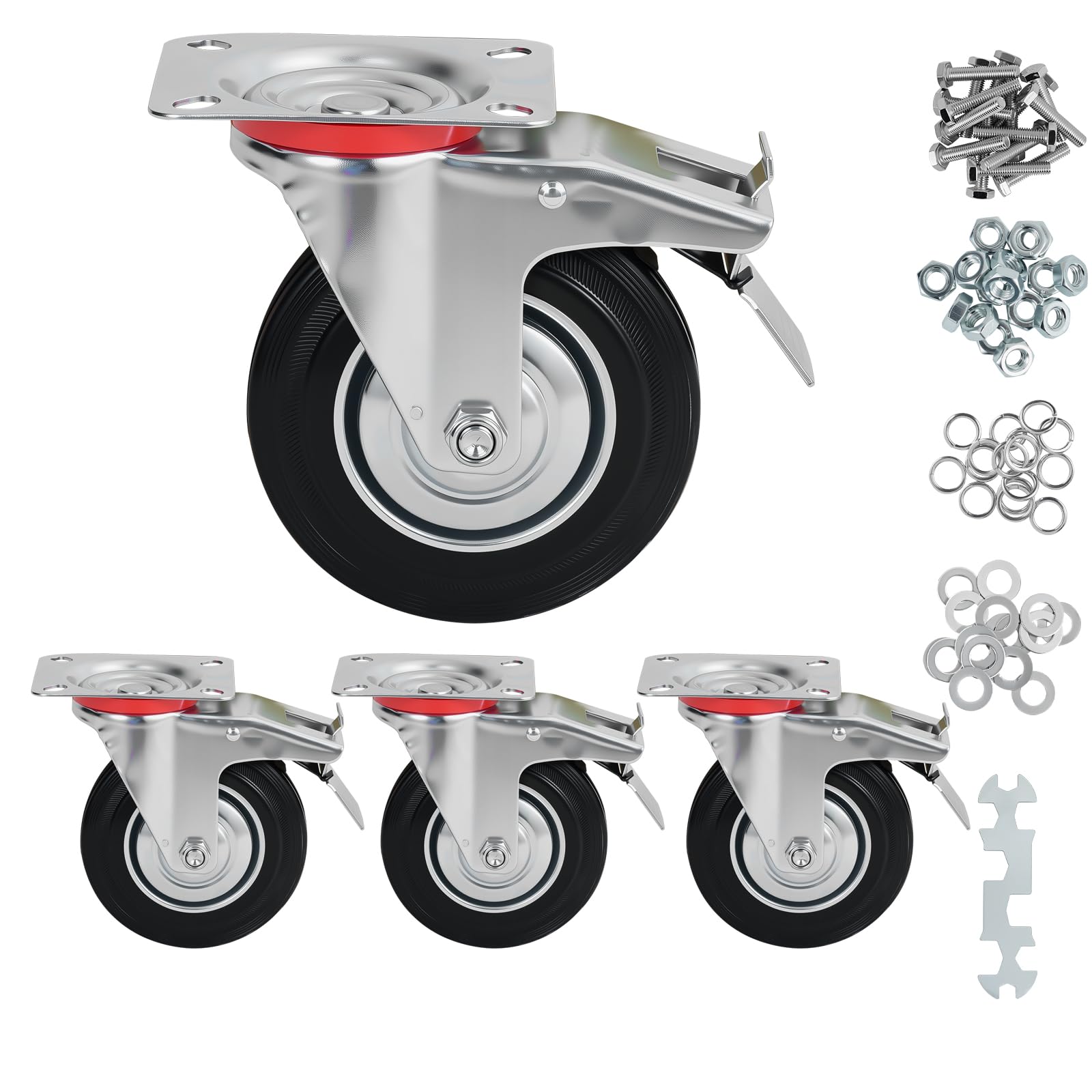 Sohnvwtgd 4 5 Inch Caster Wheels Set Of Heavy Duty Casters With Brake, Swivel Rubber Castors For Cart, Workbench,Black(5" Pack With Brake, )