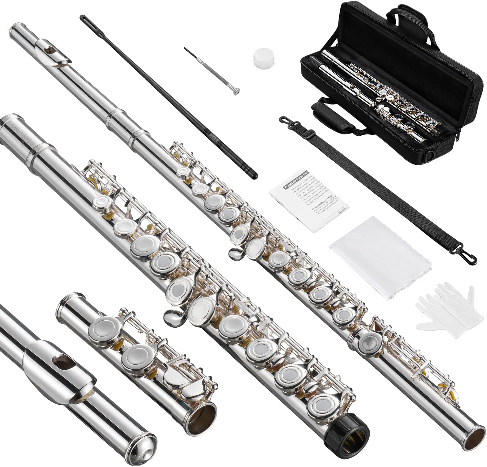 Open Hole C Flute, 16 Keys Student Flute Instrument for Beginner Advanced Player, with Carry Bag, Strap, Gloves, Adjustment Screwdriver, Cleaning Kit (Open/Closed Hole, Silver Plated)