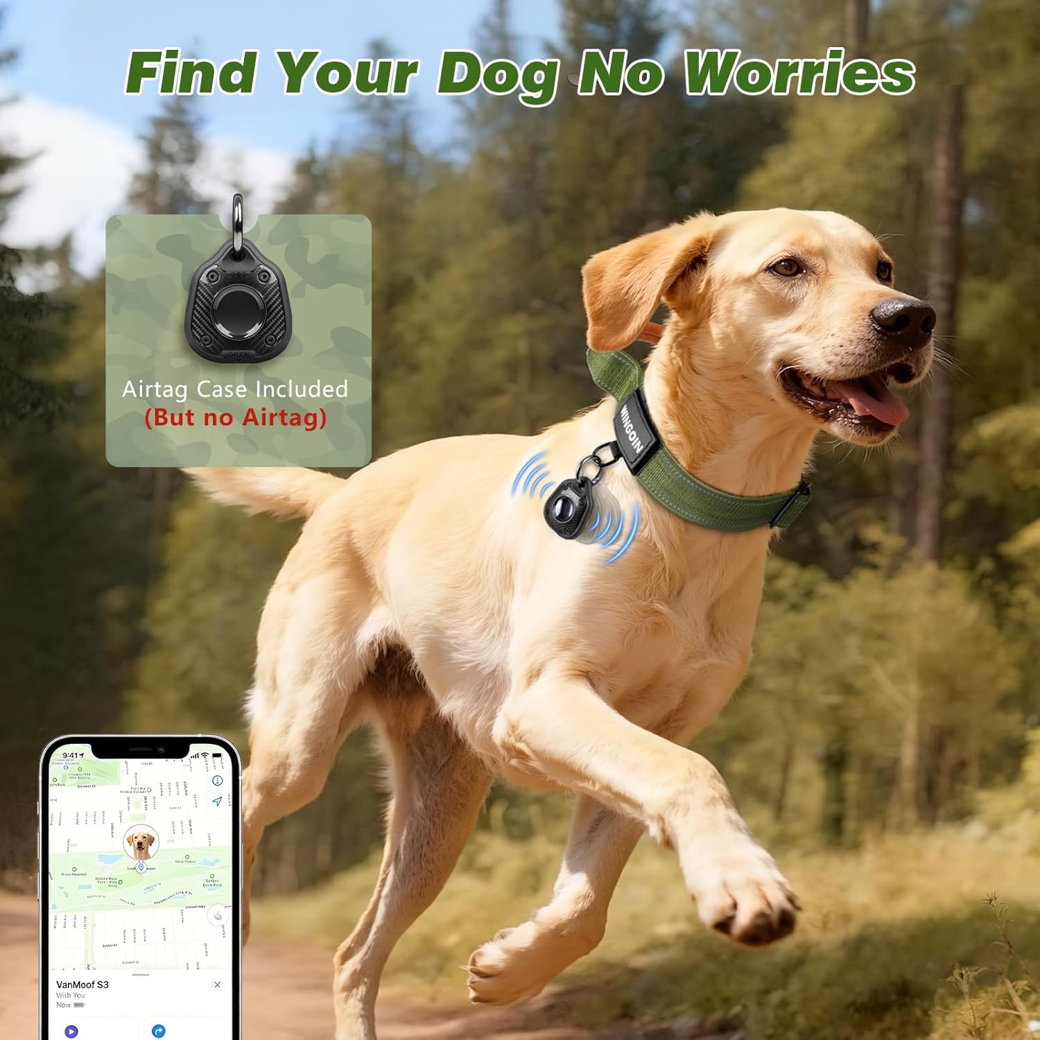 WINGOIN Tactical Dog Collar with AirTag Holder, Reflective Dog Collar for Large Dogs, Metal Buckle, Heavy Duty, Nylon Control Handle for Hunting, Training, Walking, Green,M