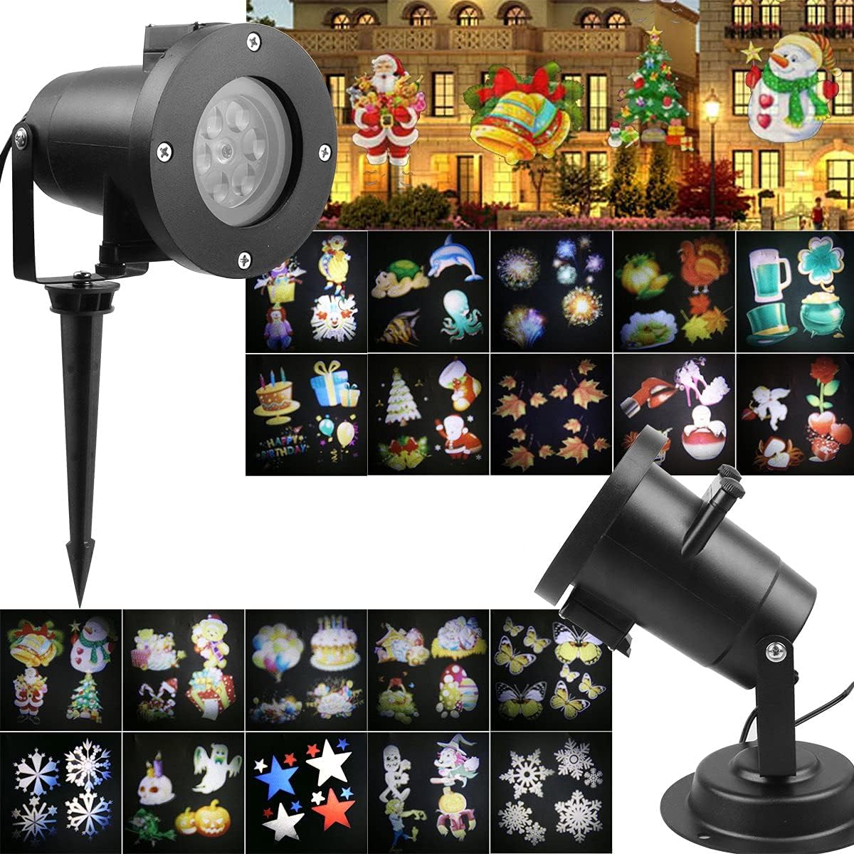 Christmas Projection Lights Outdoor, Projection Light with Remote Timer 2-in-1 Waterproof Night Light Projector for Halloween Decorative, Auto Rotating Spotlight with 20 Switchable Slides
