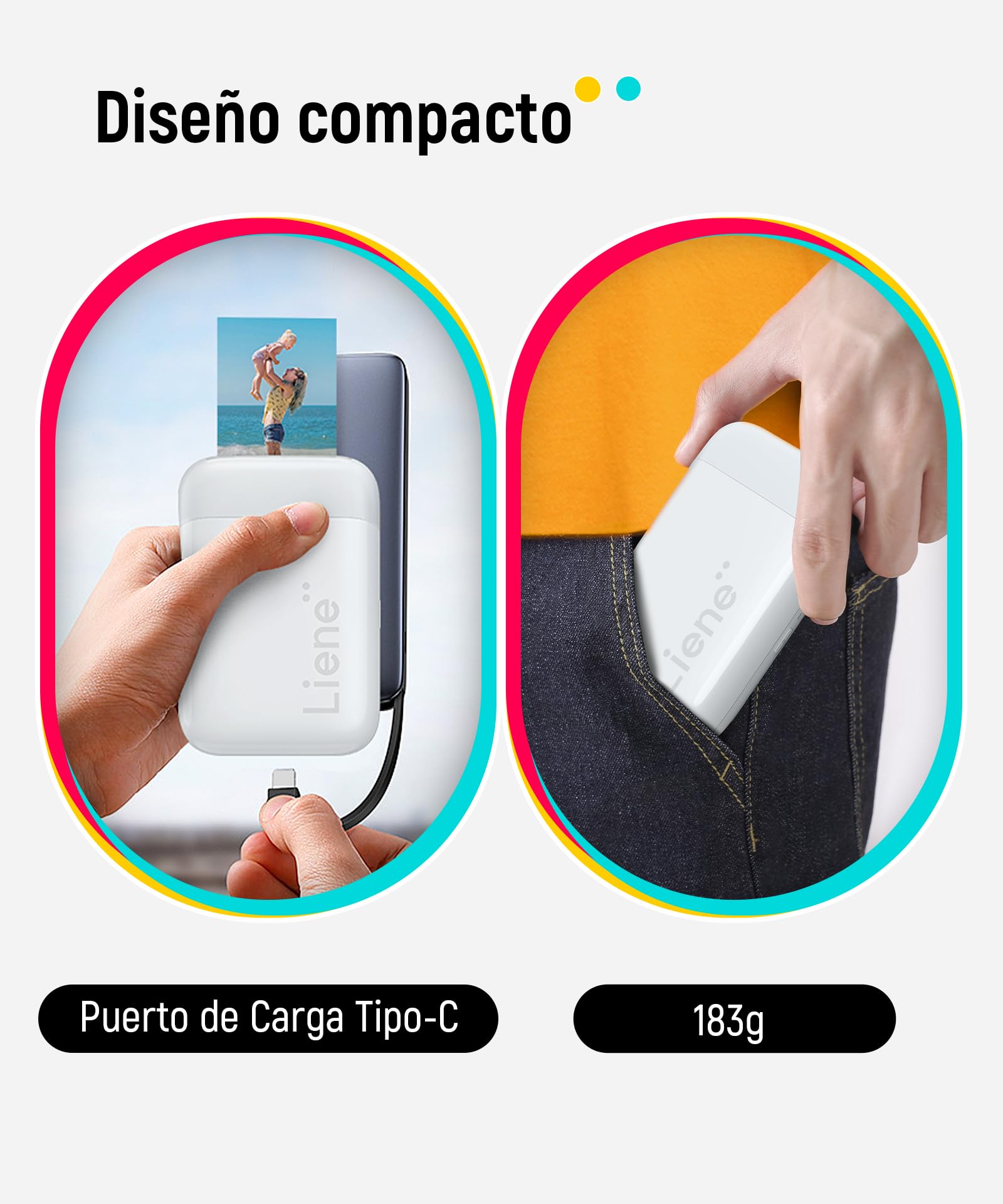 Liene Pearl K100 Mini Impresora Fotográfica instantánea, Bluetooth Impresora Movil Portatil con 50 Zink Papeles Fotográfico Adhesivos, 2x3, para iOS/Android Smartphone, Blanco
