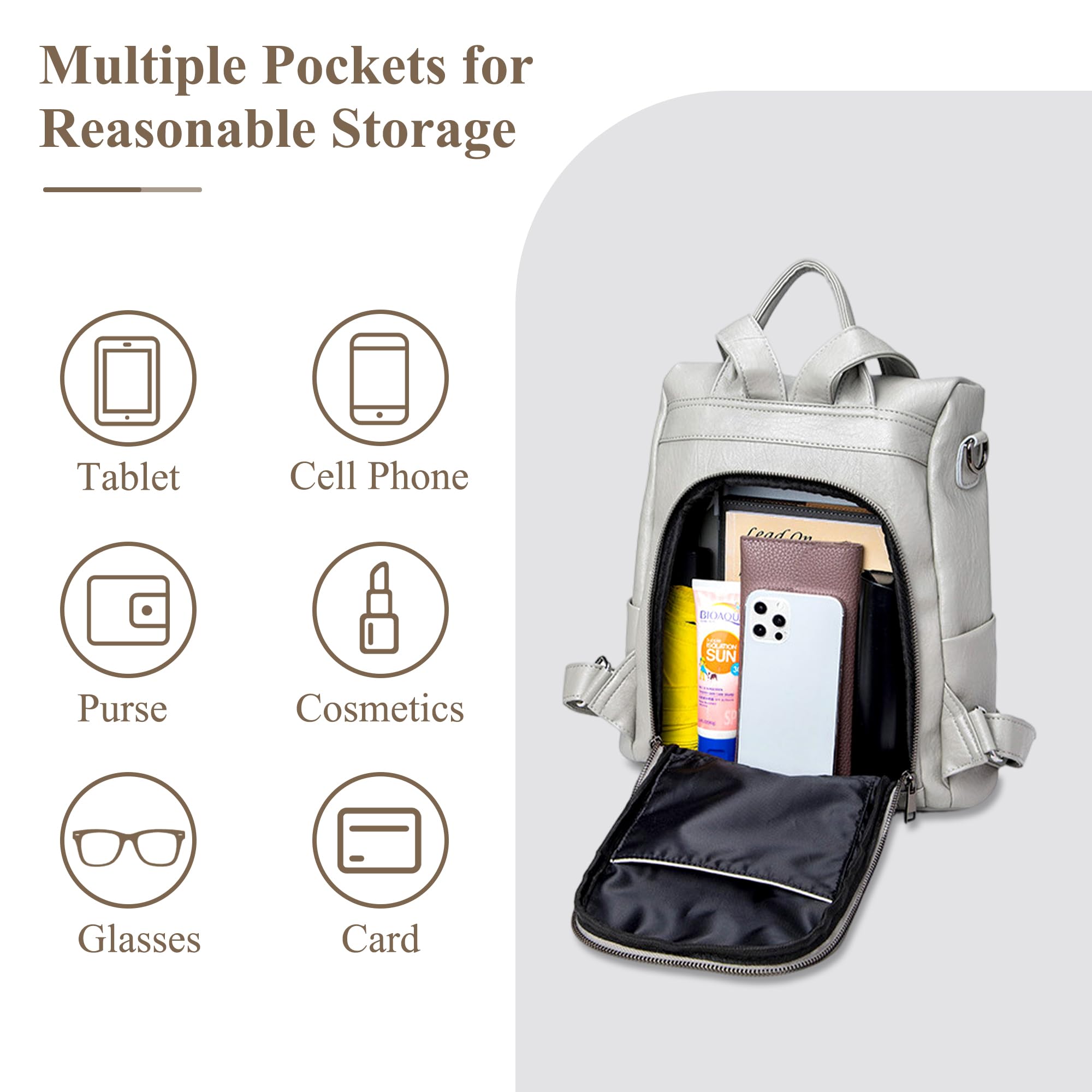 Mochila mujer en PU, mochila tipo saco suave, bandolera y bolso de mano con múltiples compartimentos