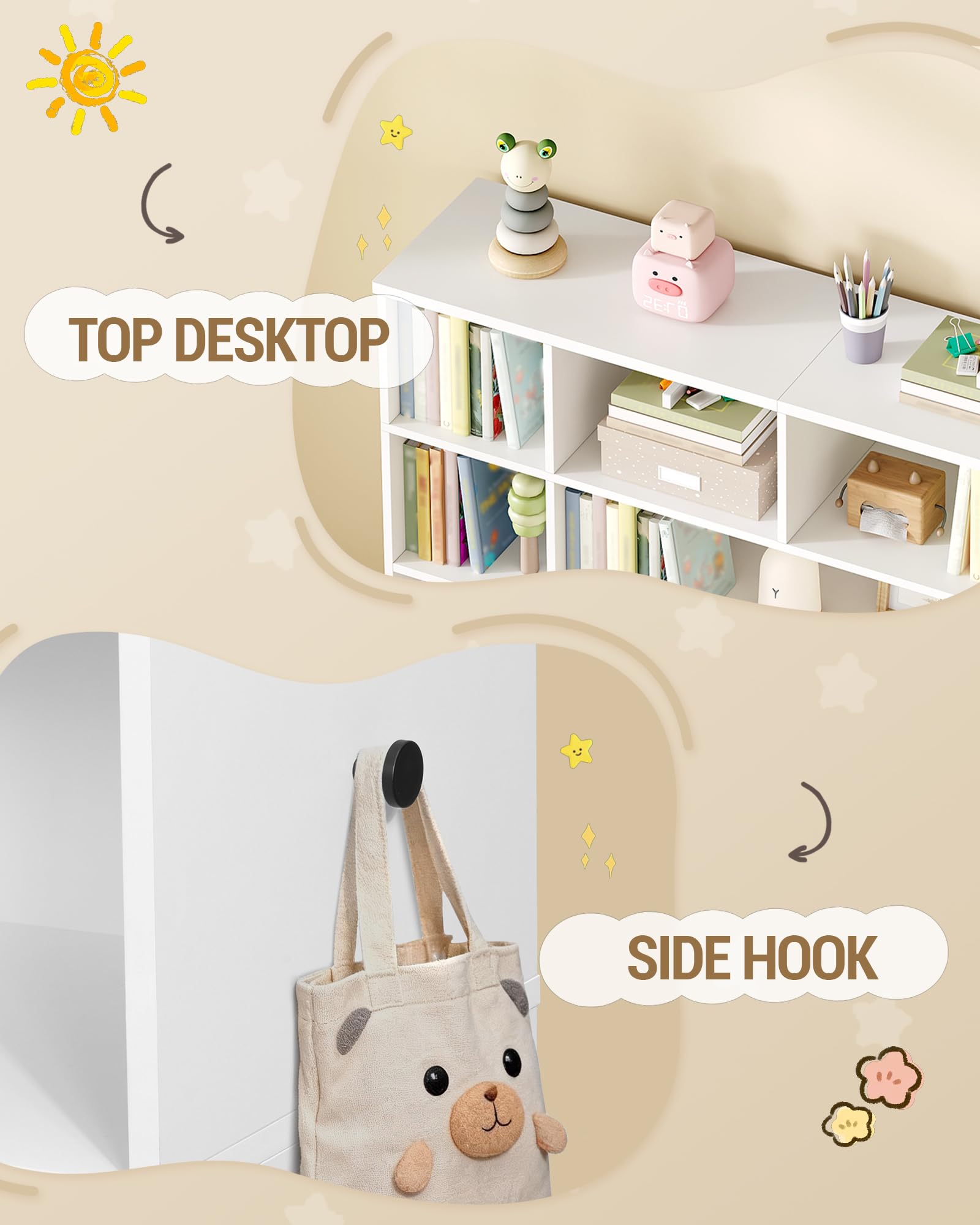 Hzuaneri Libreria per bambini con 2 cassetti contenitori su ruote, scaffale a 4 ripiani, ripiano per giocattoli, armadietto, adatto per cameretta, soggiorno, studio, 30 x 140 x 120 cm, bianco KB75203W