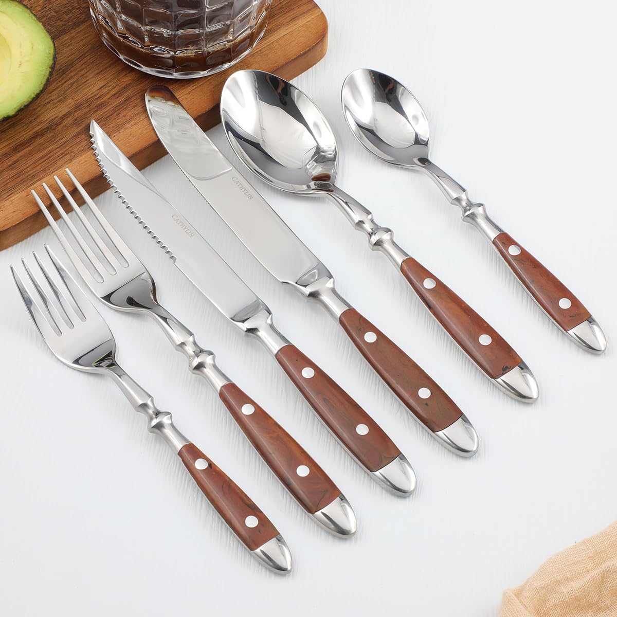 24-Piece 18/10 Stainless Steel Silverware set,Vintage Flatware set with Brown Bakelite Handle,service for 4,Cutlery set (24, Brown)