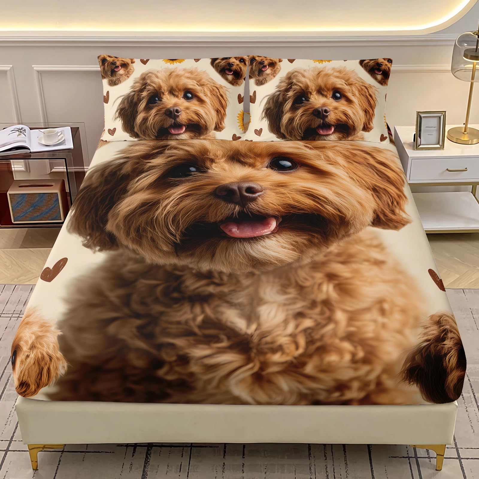 AILONEN Brown Puppy Bedding Set Queen Size,Cute Animal Themed Fitted Sheet with 2 Pillowcases for Boys Girls,3-Piece Fluffy Teddy Dog Bedsheet Set for Bedroom Decor