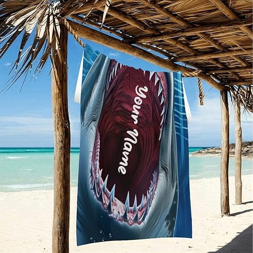 Miniatura 3 de Toalla de playa personalizada con nombre Cool Shark Toallas de baño para piscina, regalos de cumpleaños, 30 x 60 pulgadas