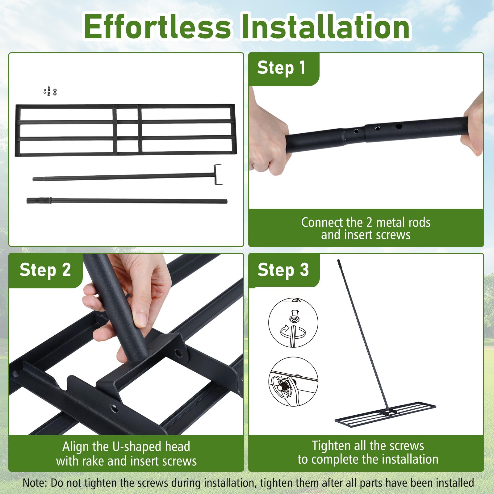 Rastrello livellatore per prato, livellatore per prato in metallo resistente con manico regolabile, strumento per livellare il terreno senza fatica per giardino, prato, campo da golf (verde, 42" x 1