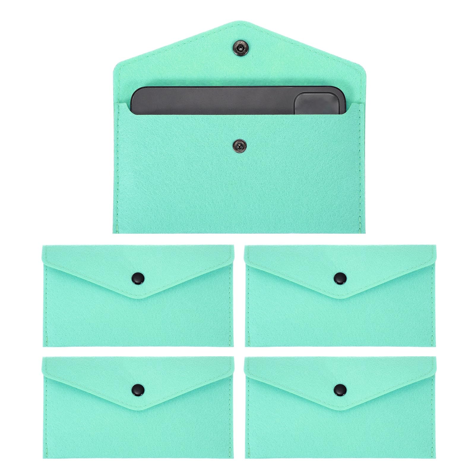 PATIKIL 5Pcs Felt Money Bag, Felt Cellphone Sleeve Case Pouch Cash Bag Button Closure Cash Envelope Wallet Storage Pouch for Card Pen Sunglasses, Light Blue Green
