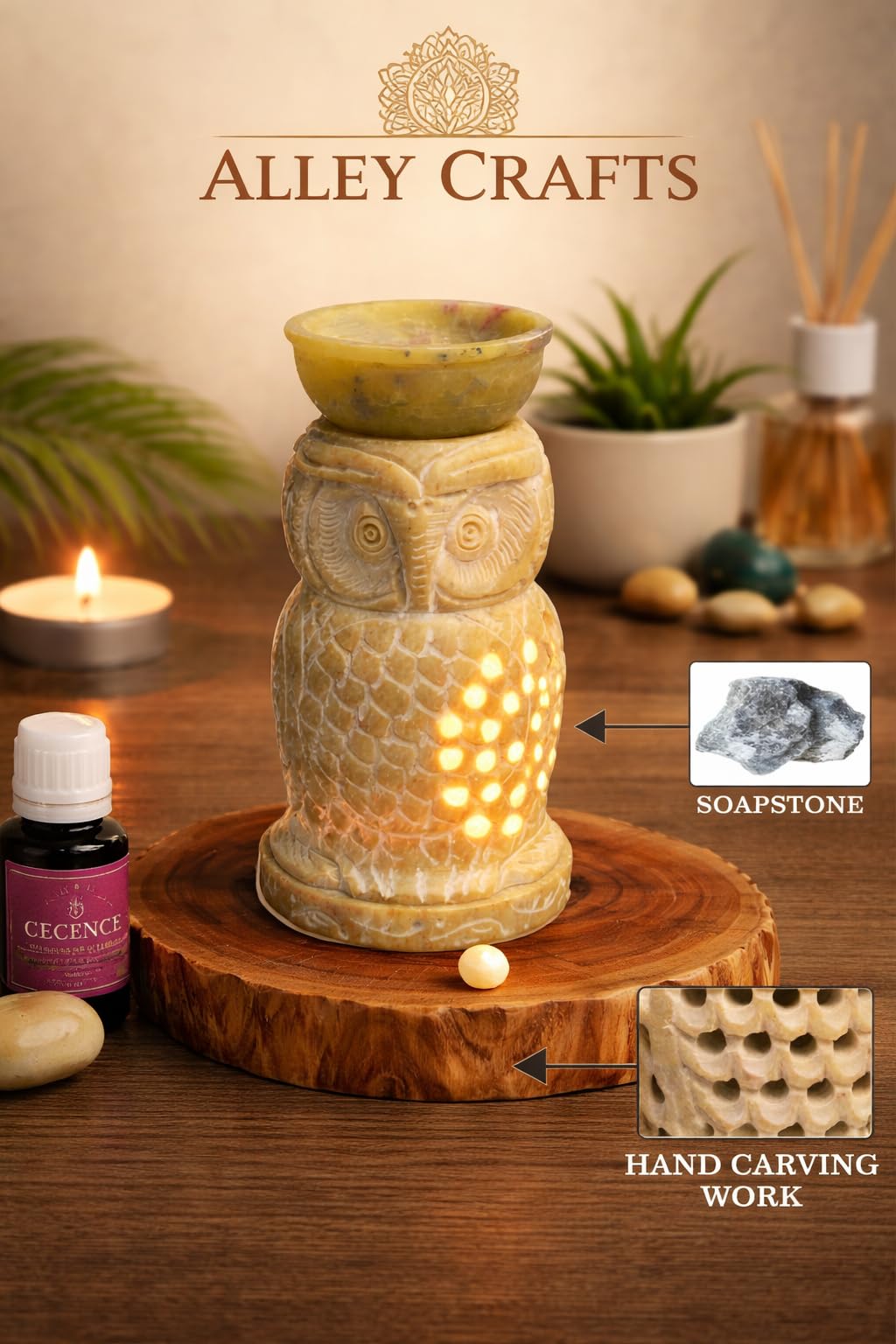 Soapstone Owl Shaped Tealight Holder | Handmade Natural Stone Candle Holder | Decorative Tea Light Stand for Home Decor, Living Room, Bedroom, Meditation & Festive Gifting-image-5