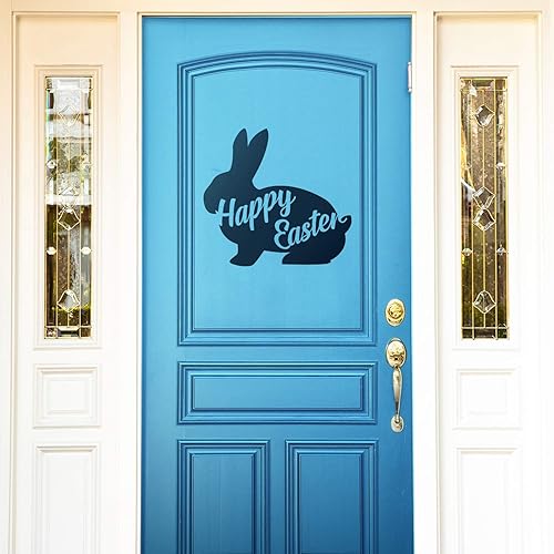 Vinilo decorativo de pared para el día de Pascua, diseño de conejo de Pascua con texto en inglés "Happy Easter Bunny - 16.83" x 18" - Cursive
