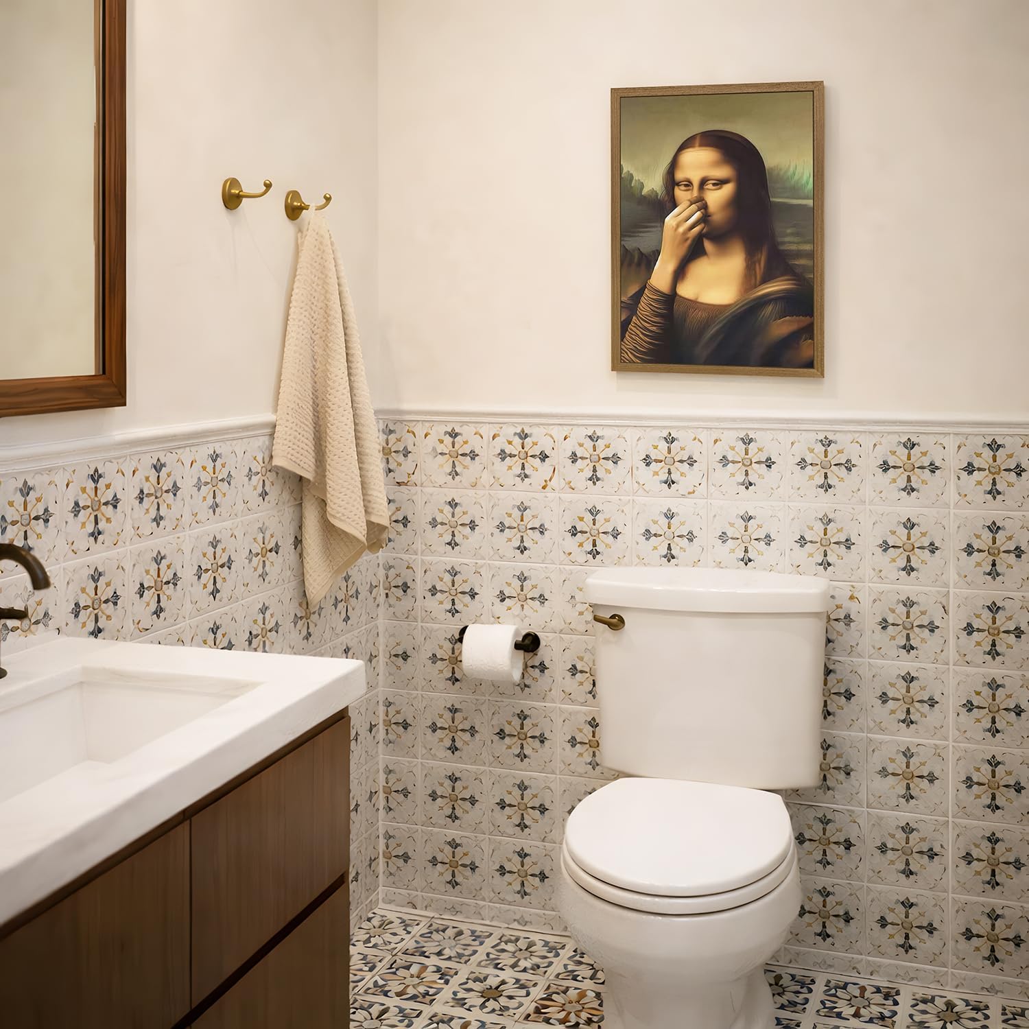 LERVR Wood Framed Funny Mona Lisa Bathroom Wall Art, Whimsical Mona Lisa Toilet Paper Wall Decor, Vintage Parody Bathroom Canvas Print, Humorous Pinching Nose Artwork for Restroom 12x16 Inch