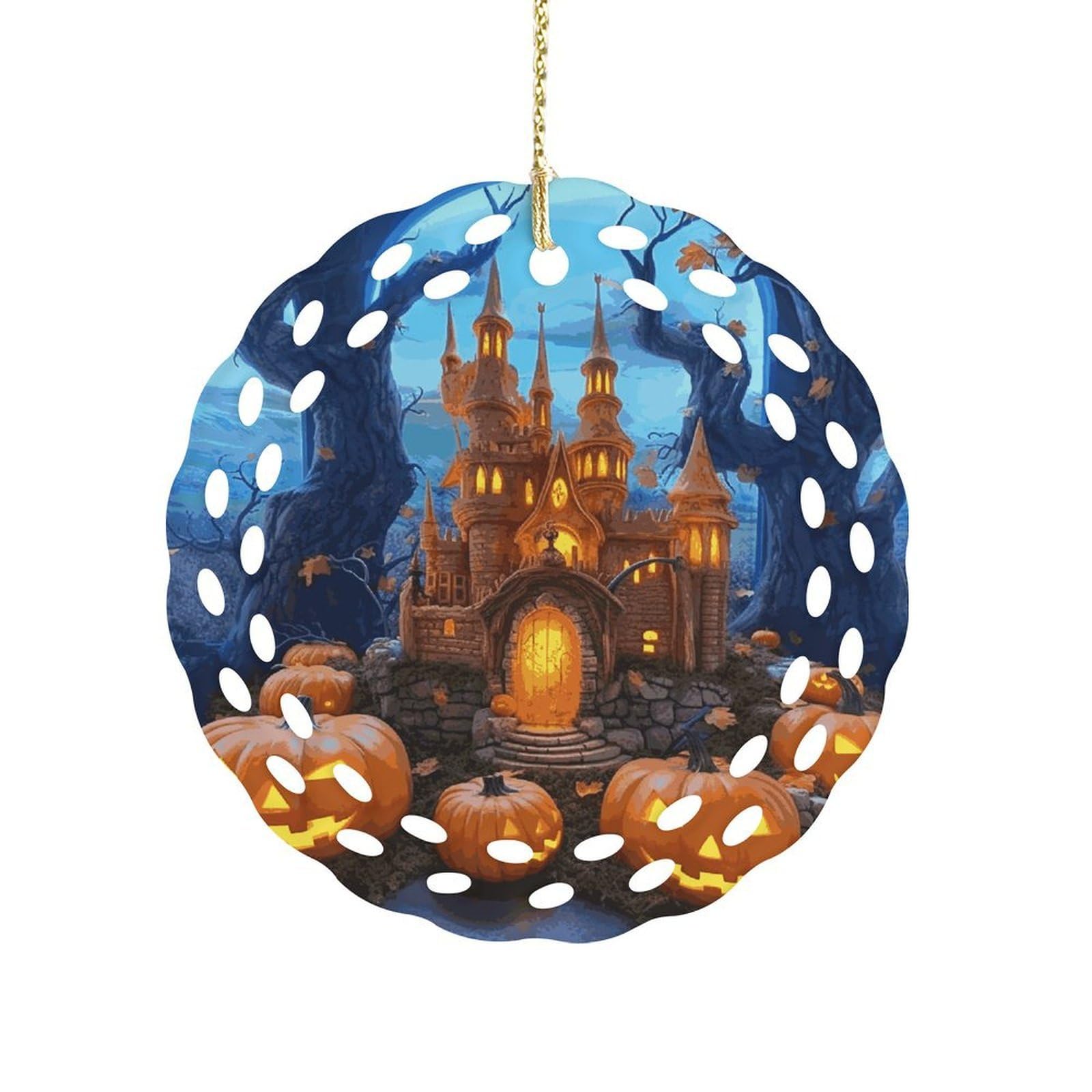 Btcowzrv Style Halloween Castle Pumpkin Ceramic Ornament,Round Ornaments With Hole Easy To Hang,Hanging Ornament For Wedding Party Home Window Garden Christmas Day Decor