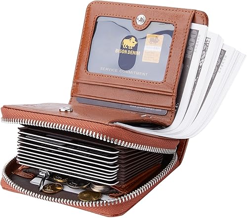 Miniatura 3 de BISON DENIM Funda para tarjetas, cartera de piel con bolsillo y bloqueo RFID, organizador de tarjetas de crédito, con cremallera, para mujeres y