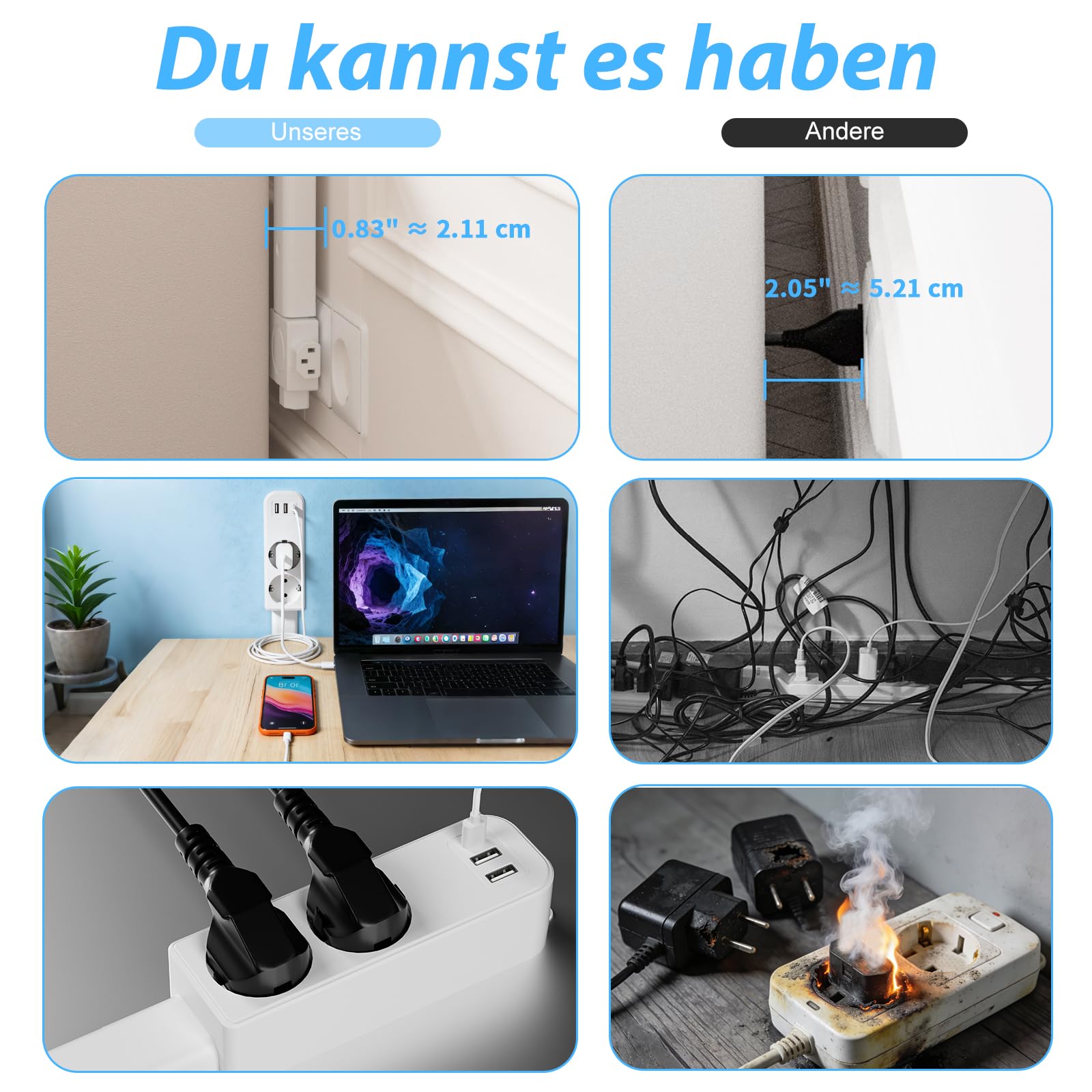 Erweiterbare Steckdosenverlängerung 25–95 cm, 2 AC, 2 USB-A & USB-C