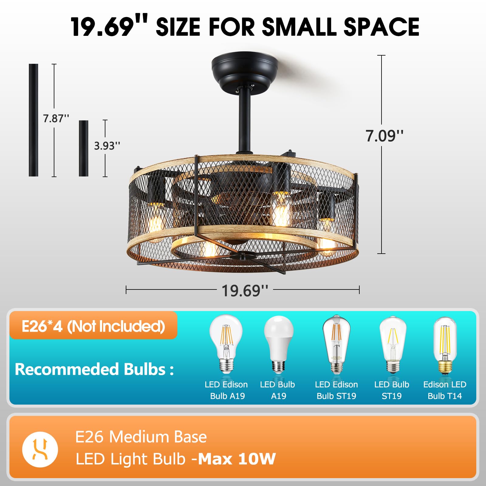 Black Caged Ceiling Fan with Light, Bladeless Industrial Ceiling Fan with Remote, Rustic Metal Fan Lights Ceiling Fixtures for Kitchen, Farmhouse, Bedroom