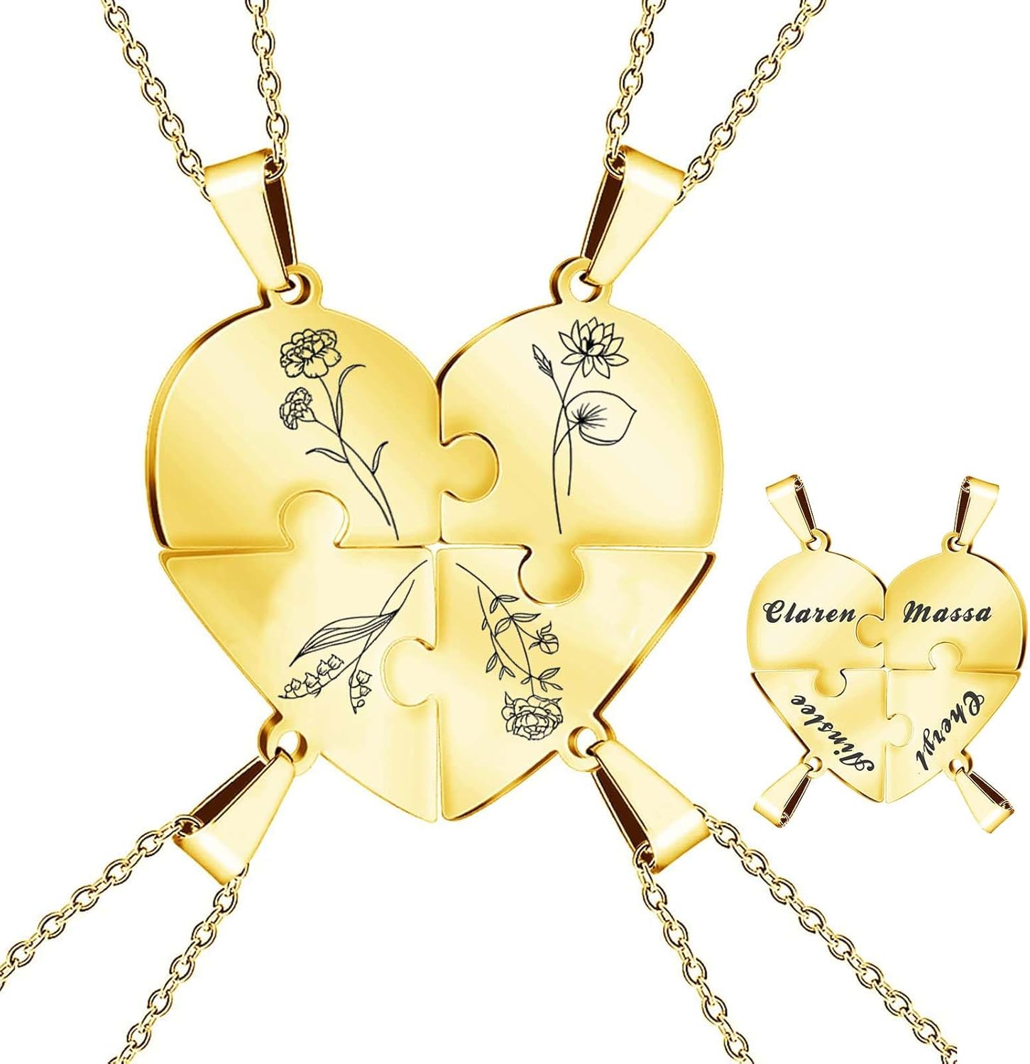 MOTICIUS Personalized Name & Birth Flower Necklace for 2/3/4/5/6/7/8 Custom Heart Puzzle Piece Necklaces Custom Family Friendship Couple Pendant for Women Men Matching Friends