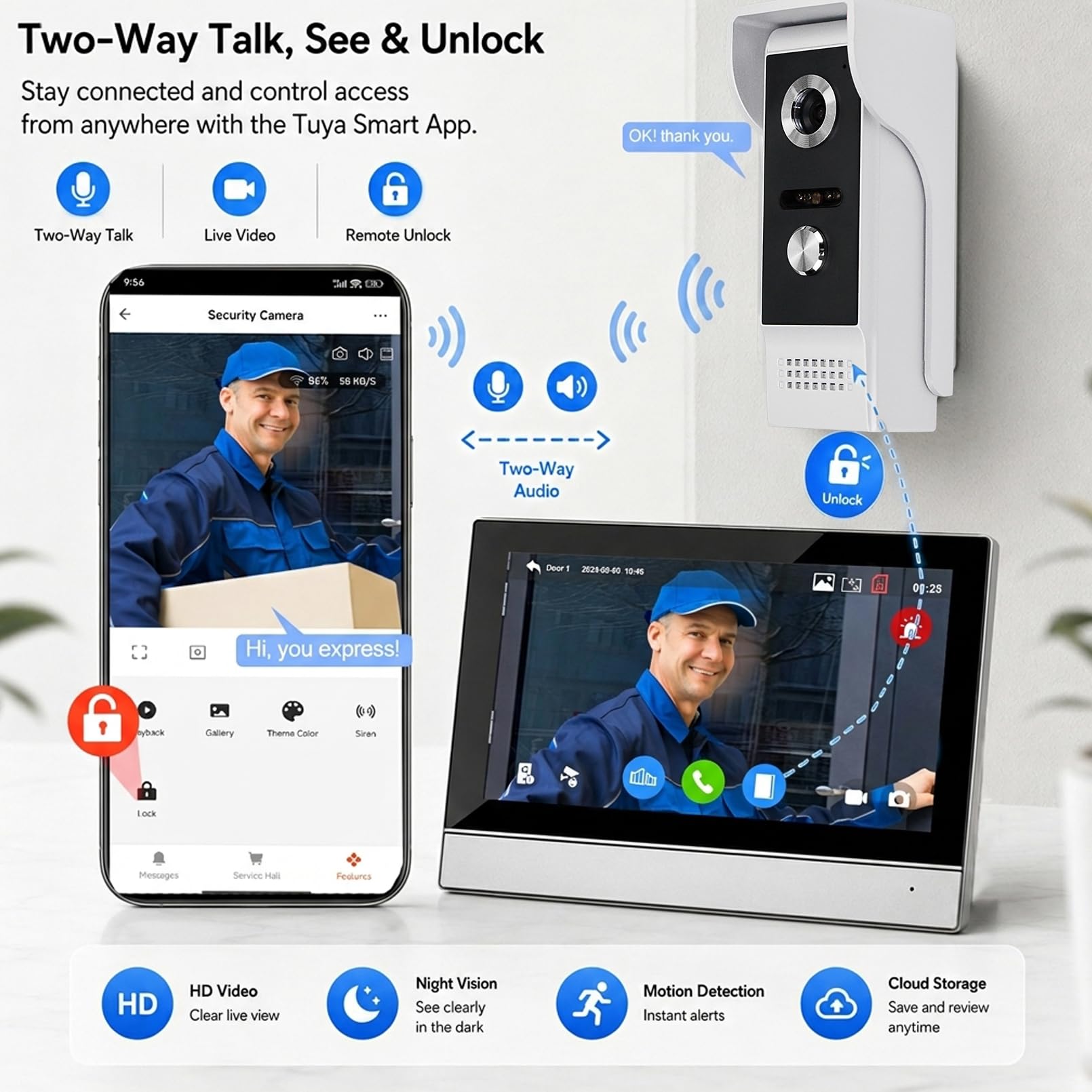 Tuya Sistema Campanello Video WiFi con Cavo,Videocamera da 7 pollici con Monitor 1080HD IR Visione Notturna per Casa Ufficio in Villa