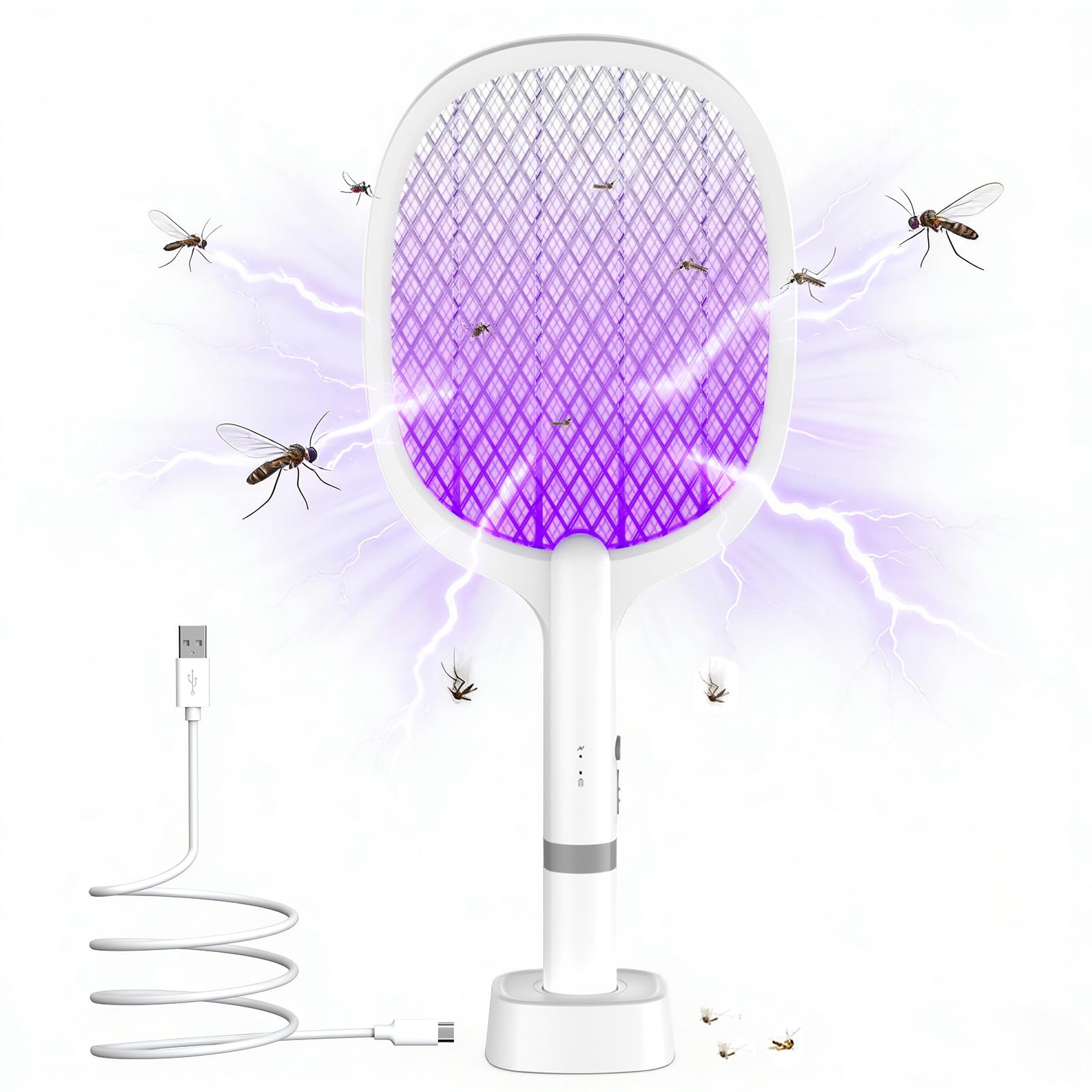 Raqueta Matamoscas Electrica, 2 en 1 5000V Raqueta Mosquitos Eléctrico con Base Recargable, 2 Modos, Protección de Malla de Tres Capas, para Uso en Interiores y al Aire Libre