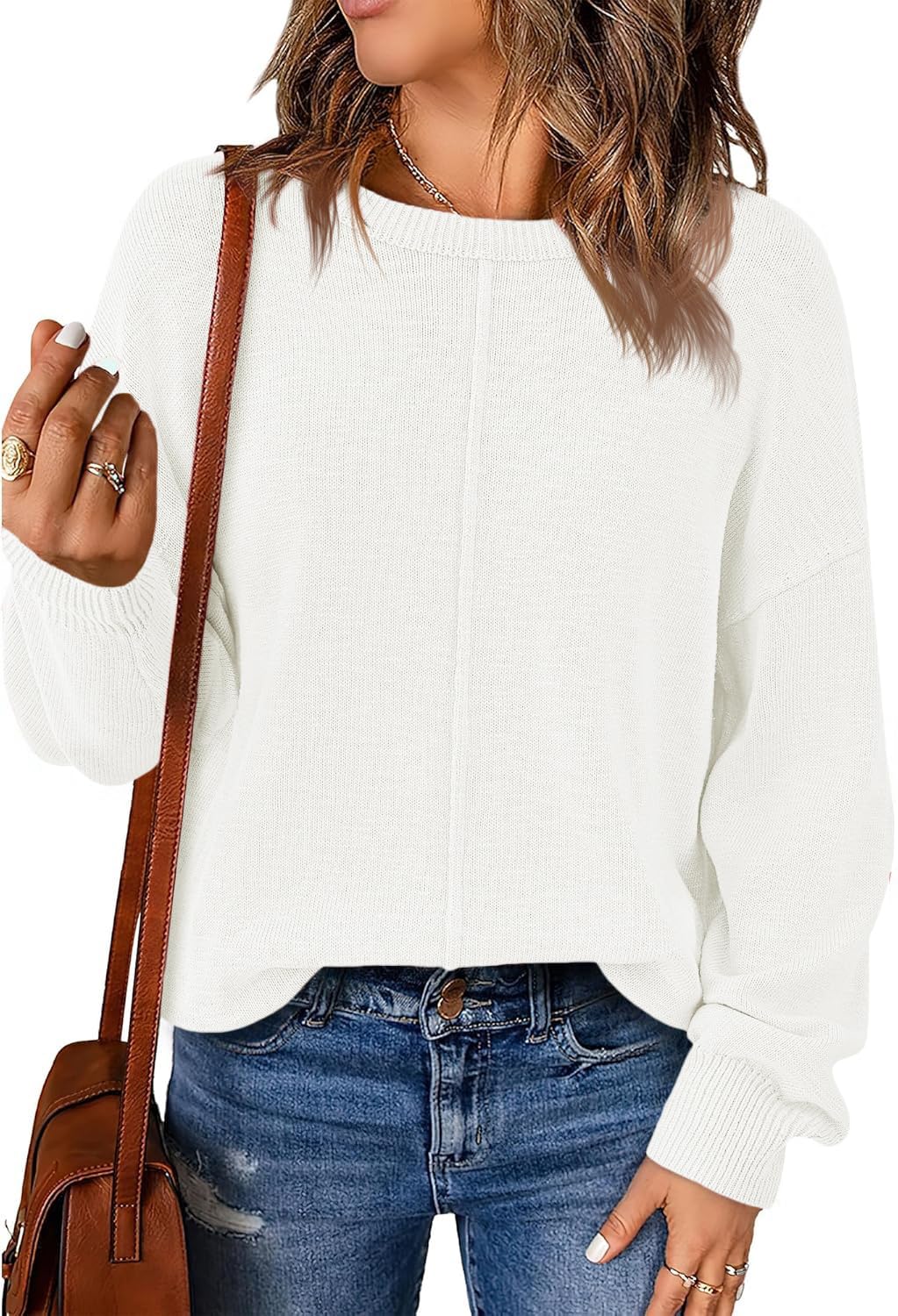 Fisoew Damen Pullover Langarm Rundhals Strickpullover Herbst Winter Basic Pulli Einfarbig Oberteile