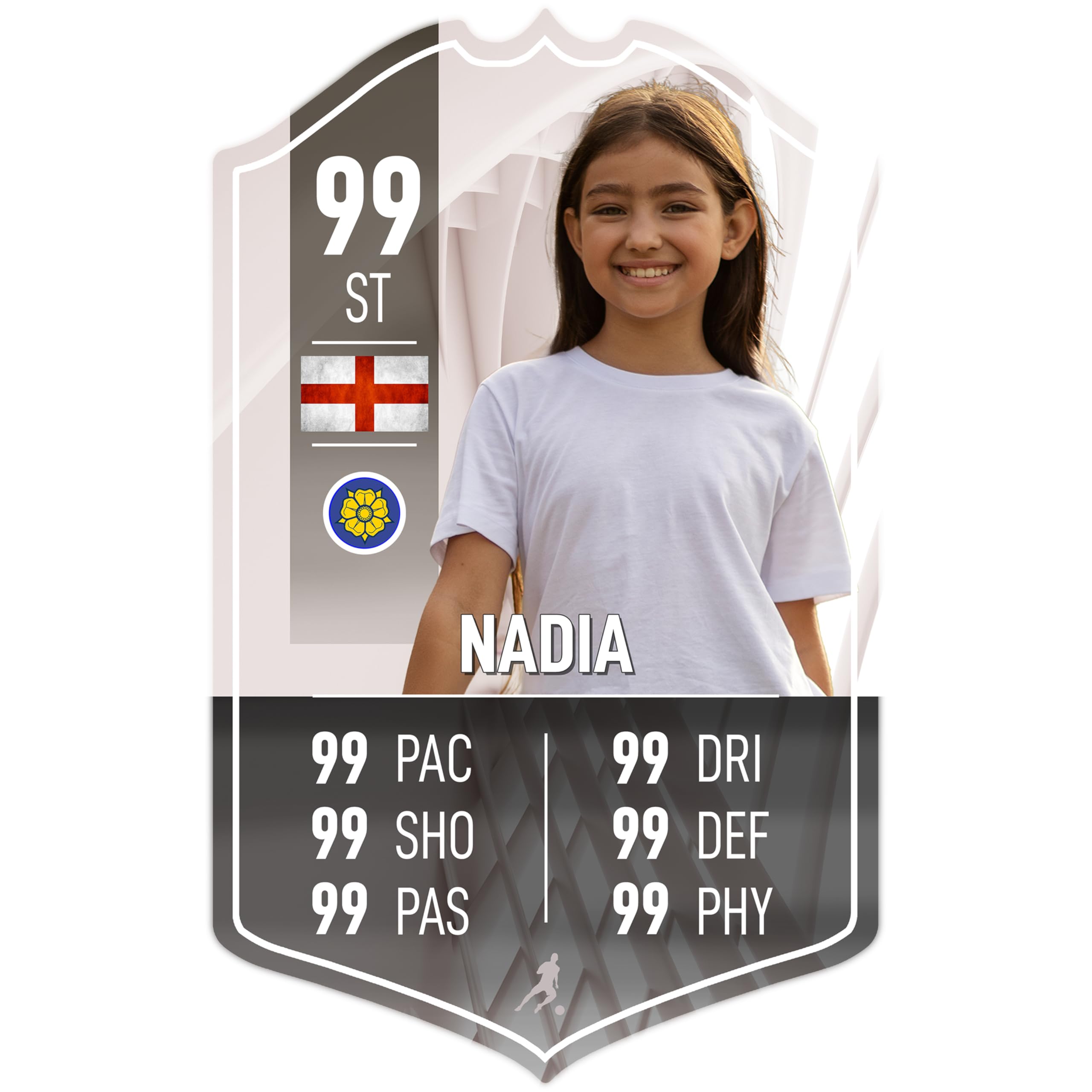 ShopQuality4U Personalise Football Cup Player Stats Card Sign - White Printed Metal Shield Sign Wall Art A4 Player Add Name (28x17cm)