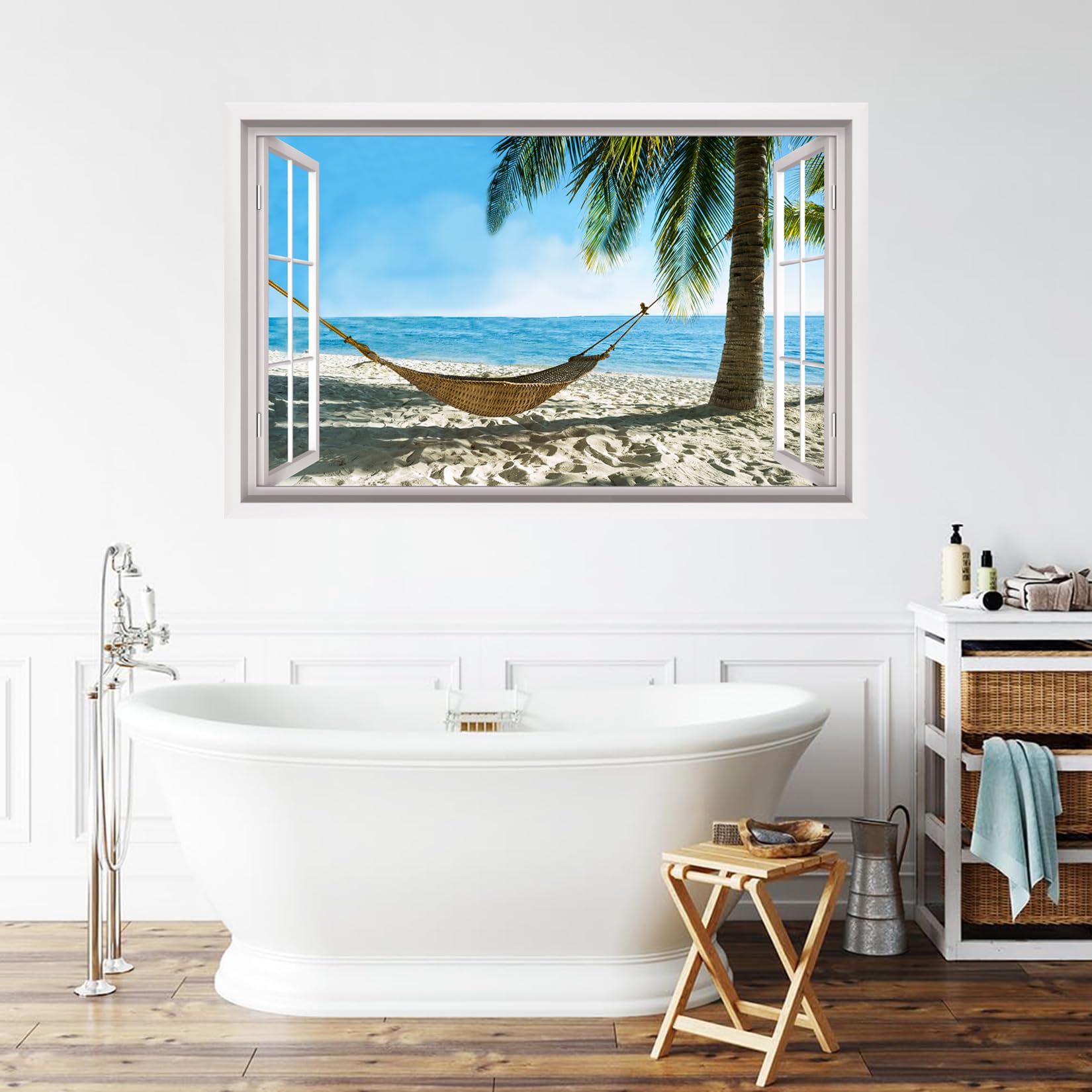 ANHUIB 3D Fake Window Wall Sticker 3D Beach Wall Stickers Seaside Landscape Wall Stickers 3D Sea View Wall Art for Living Room Mural Decals for Bedroom Bathroom Removable Seascape Decals 84×52cm - Image 3