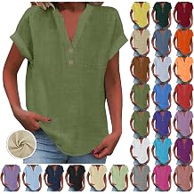 Yinguo Ladies Tops 2025 Women's Summer Cotton Linen Cap Sleeve T-Shirt Button V Neck Tunic Tops Fashion Baggy Solid Plain Shirts Trendy Blouse 1