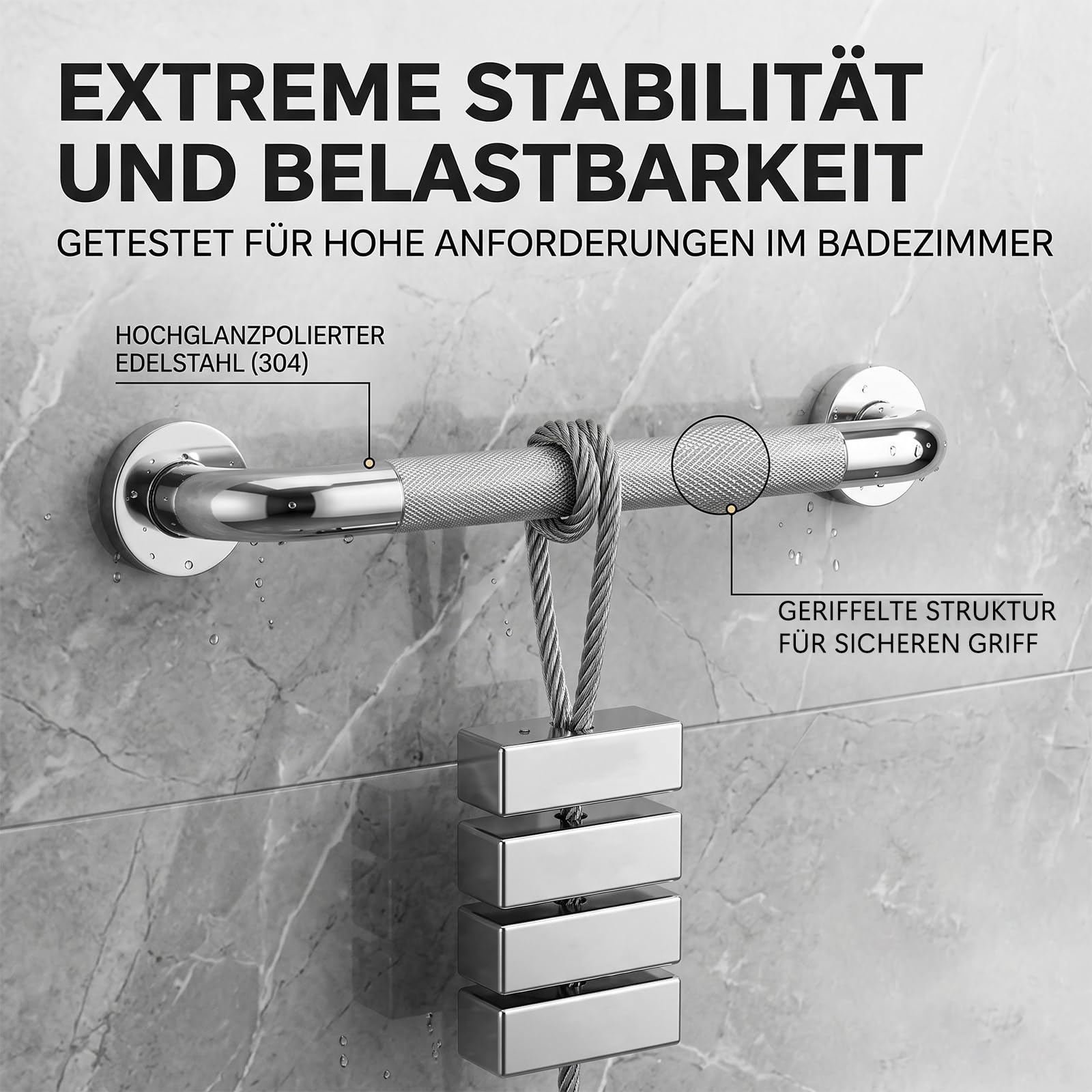 Haltegriff Bad 2er Set, 40 cm Badezimmer Handlauf aus Edelstahl 304 mit gerändelter Griffzone für rutschfesten Halt, Wandgriff für Dusche, Badewanne & WC, inkl. Montagematerial
