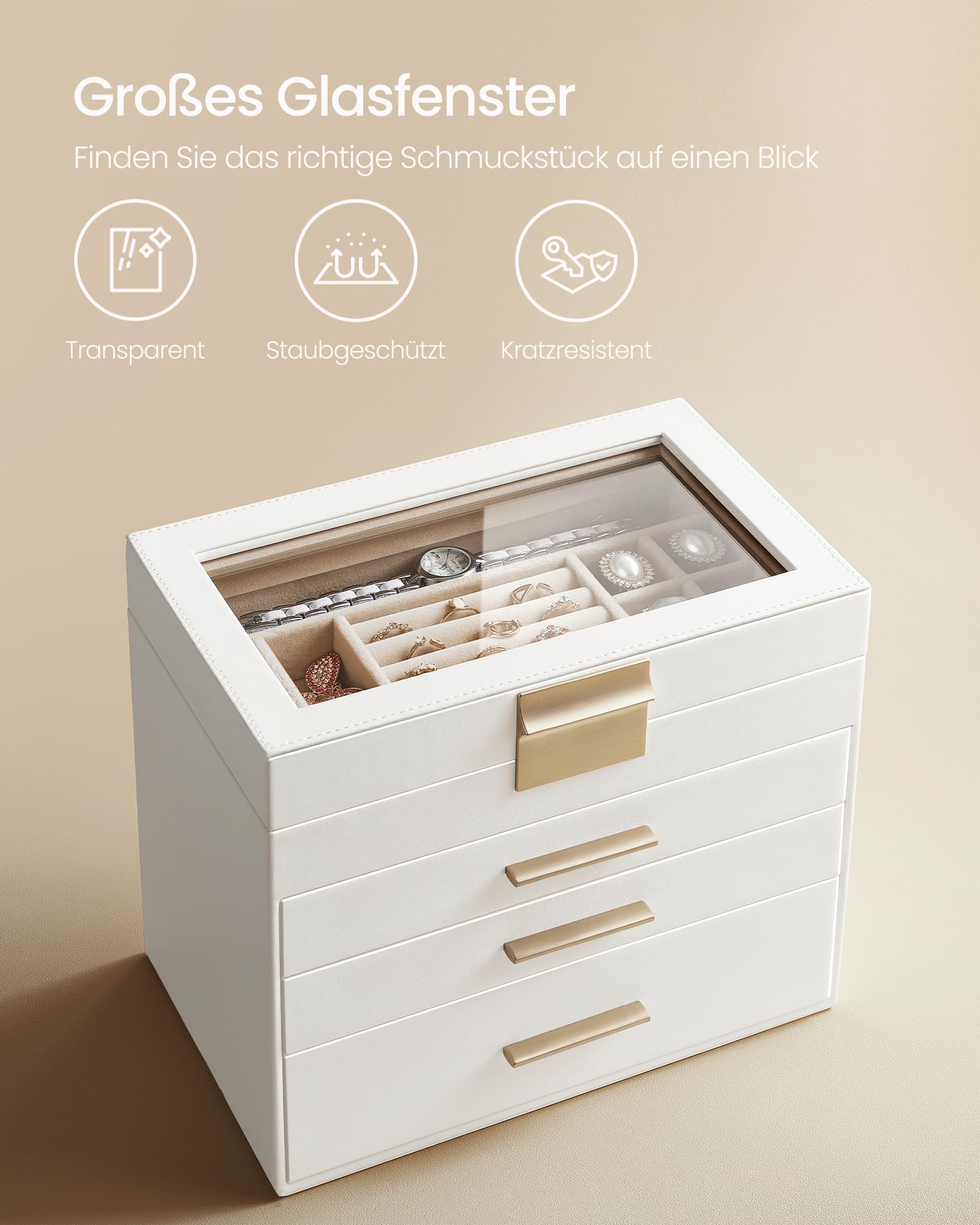 SONGMICS GISELLA Kollektion - Schmuckkästchen, Schmuckkasten mit 4 Ebenen, Schmuckbox mit Glasdeckel, 3 Schubladen, für Sonnenbrillen, Schmuckaufbewahrung, modern, wolkenweiß-golden JBC161W01