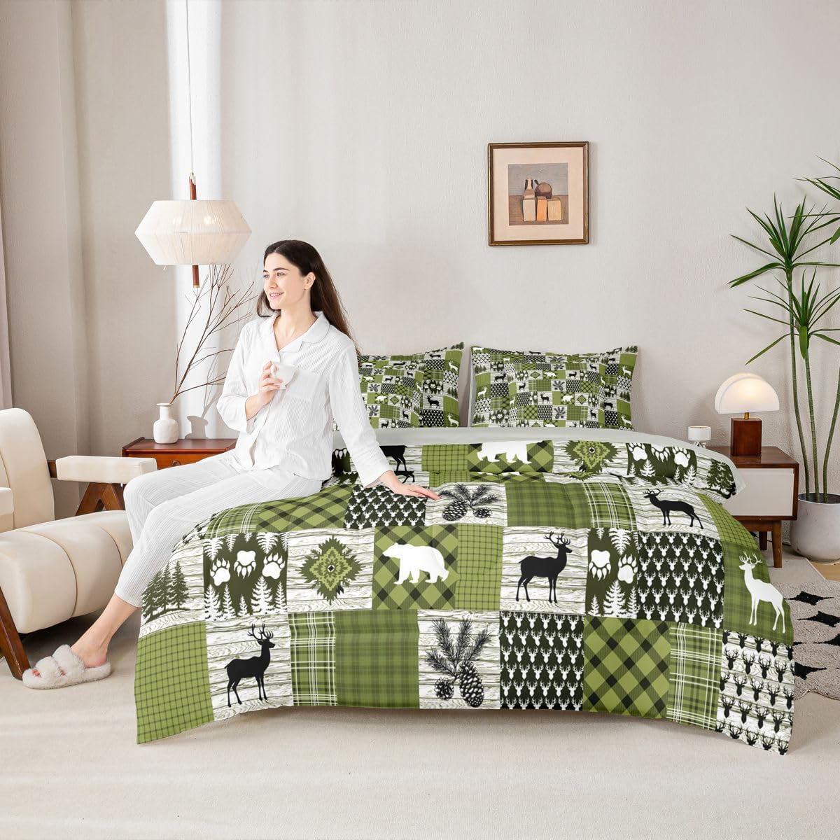 Feelyou Cabin Comforter Set with Sheets 7 Piece Queen Size Farmhouse Rustic Bed in a Bag Kids Boys Girls Bear Deer Bedding Set Country Lodge Bedroom Decor Green Breathable Soft Lightweight Microfiber