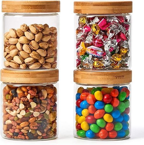 EZOWare Juego de 4 tarros de vidrio para alimentos con tapas herméticas de bambú natural, juego de recipientes de almacenamiento de 20 onzas