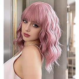 VCKOVCKO Pastel Wavy Wig With Air Bangs Women\'s Short Bob Purple Pink Wigs Curly Wavy Shoulder Length Pastel Synthetic Bob Wig for White Women Girls Daily Use Colorful Wigs(12, Purple Pink)