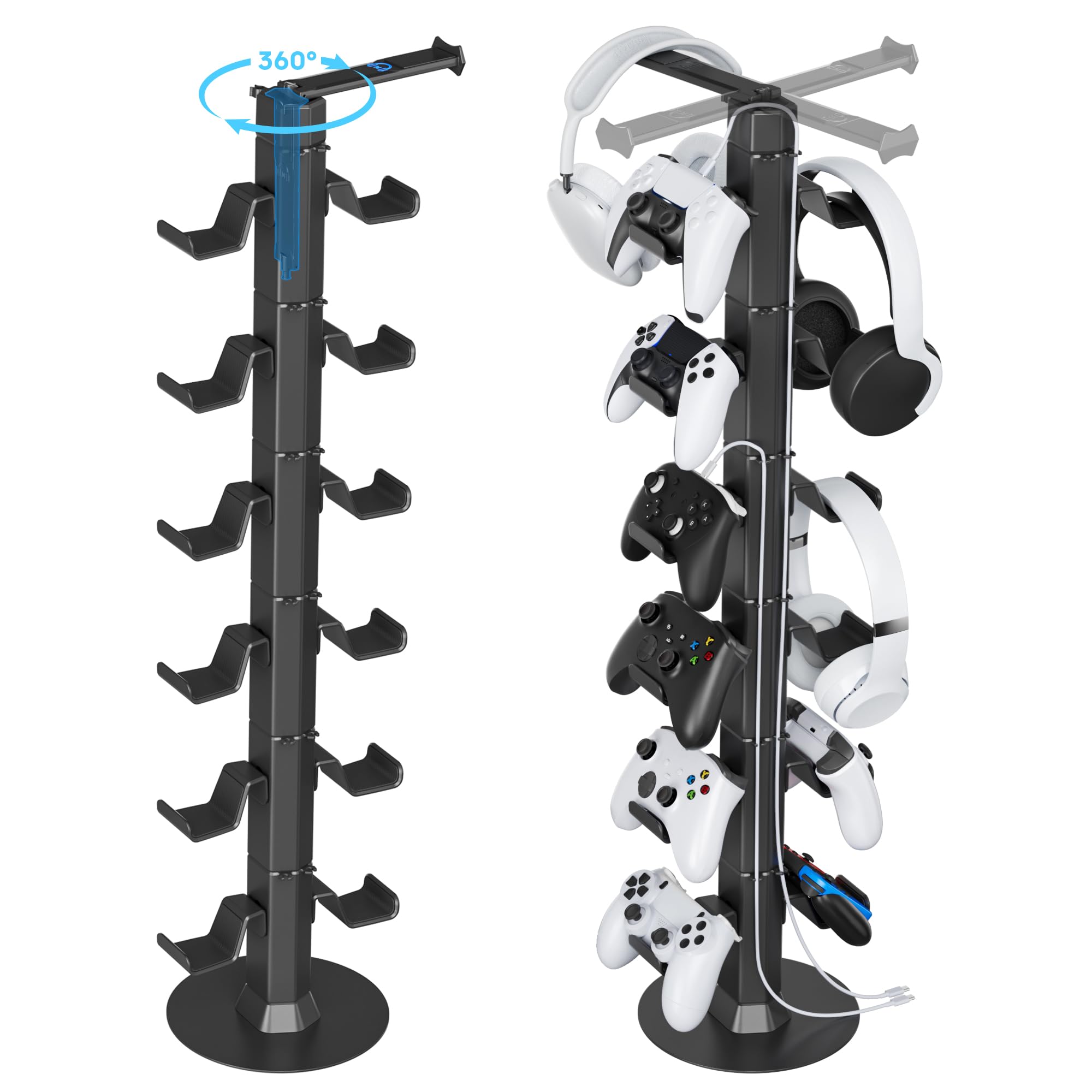 Gaming Controller &amp; Headset Holder Stand for Desk, with Charger Cable Organizer Headphone Stand for PS5/ Xbox/ PS4/ Switch, Metal Base Controller Hook for Storage with 360° Rotatable Hanger- 6 Tiers