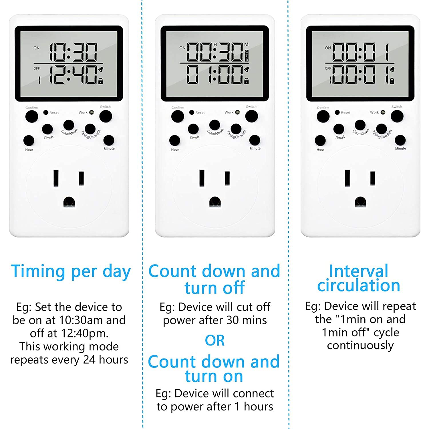 Outlet Timer, Digital Electronic Timer, Indoor Cycle Programmable Plug-in Light Timer for Electric Outlets, 3-Prong Wall Timer Switch for Appliances, Extra Large LCD Display, 16A/2000W: Tools & Home Improvement