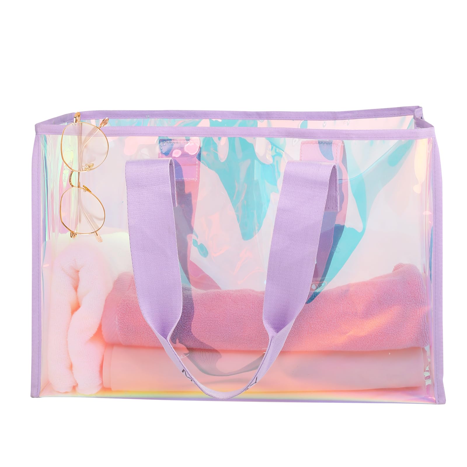 Motomy Iridescent Clear Beach Bag for Women Summer Cruise Essentials | Jelly Tote Waterproof Sandproof Holographic Bag for Gyms, Pools and Travel 26L Large Bag For Phone, Cosmetics, Clothes