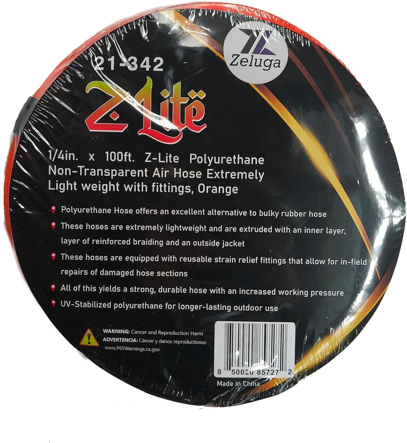 Zeluga 21-342 Polyurethane Non-Transparent and Without Wire Reinforced Air Hose 1/4in. x 100 Feet with Fittings, Extremely Light Weight, Orange