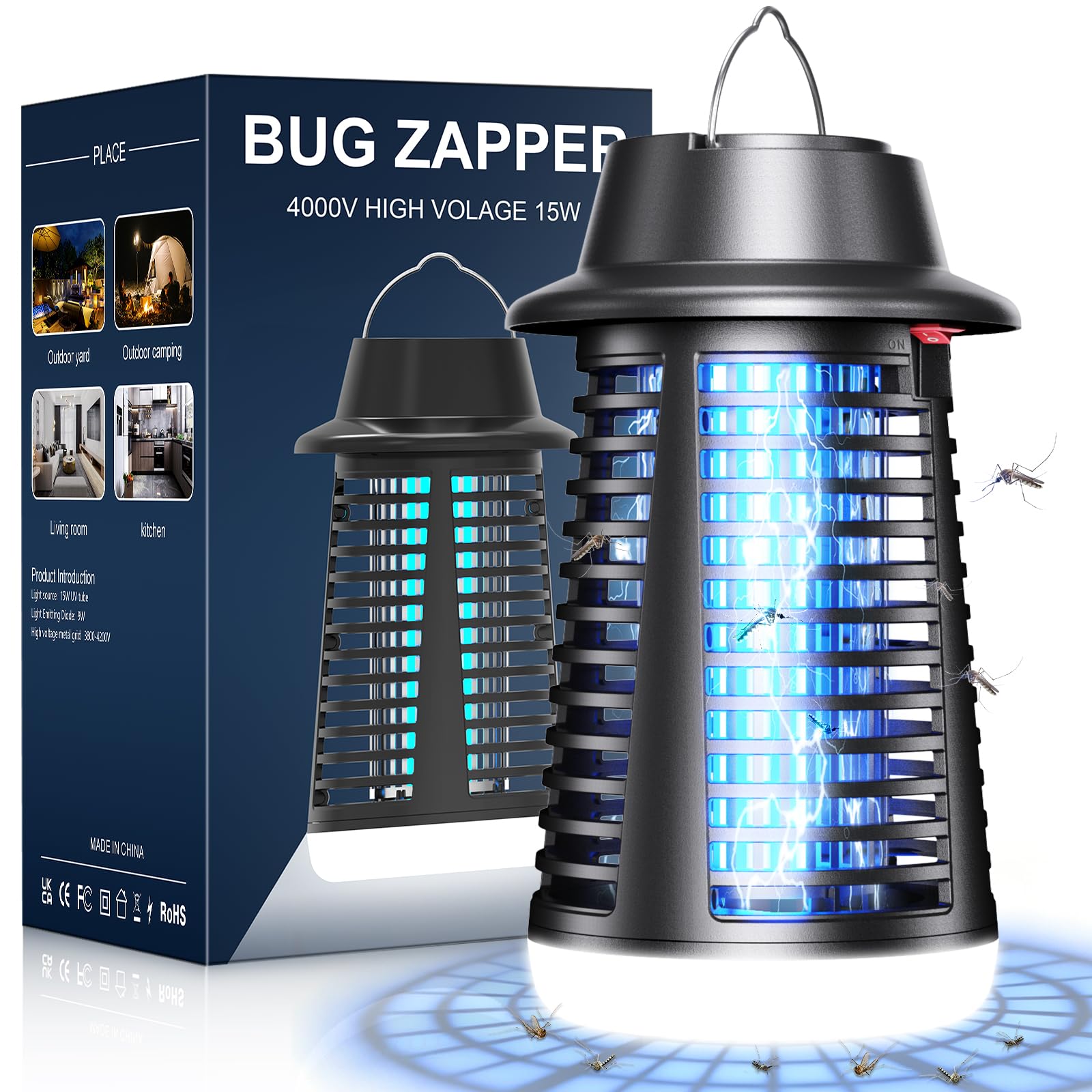 Lampada Antizanzare, Lampada per Zanzare 4250V con Tenuta IPX4, Luce UV 20W e Illuminazione a LED, Ammazza Zanzare Elettrico per Camera da Letto Interni Terrazza Giardino sul Retro