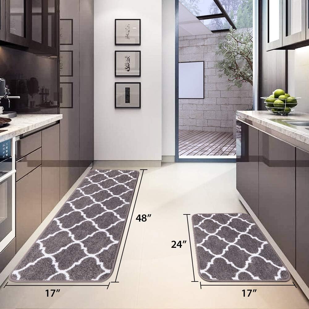 Carvapet 2 Pieces Microfiber Moroccan Trellis Non-Slip Soft Kitchen Mat Bath Rug Doormat Runner Carpet Set, 20"x63"+20"x31", Grey