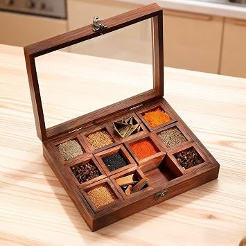 Wooden Spice Box Organizer, 12 Compartments Masala Dabba with Clear Lid, Multicolor Storage Container with Spoon for Seasonings and Herbs