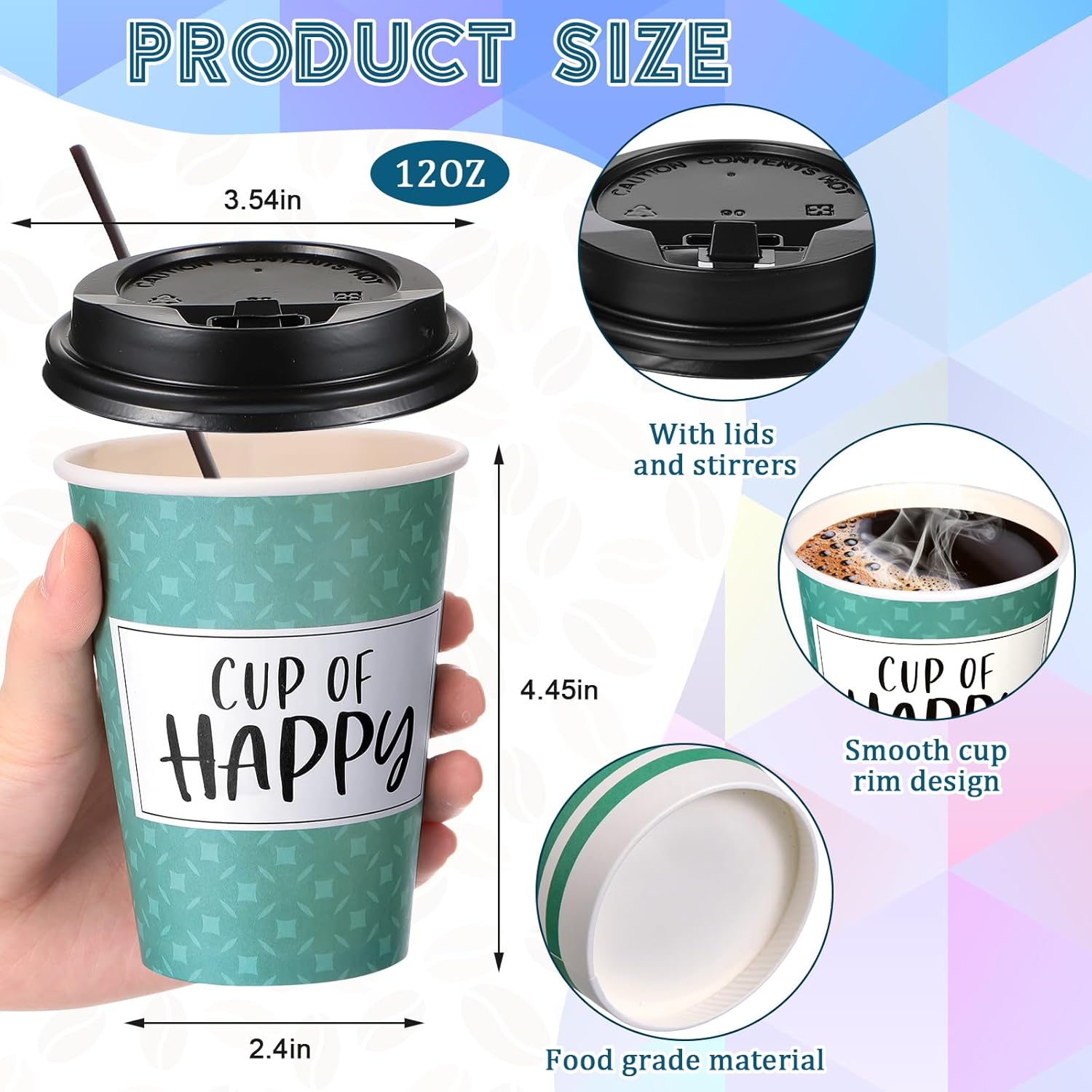 Gerrii 100 Pack Disposable Coffee Cups with Lids and Straws, Motivational Paper Hot Cups with 6 Quotes and Designs for Water, Juice, Coffee, Tea, Home, Shop Cafe(12 Oz,Modern Style)