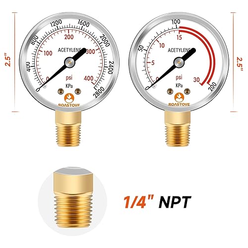 Miniatura 2 de Roastove Manómetros de baja y alta presión para regulador de acetileno 0-30 psi y 0-400psi - 2.5 pulgadas - 14" NPT rosca