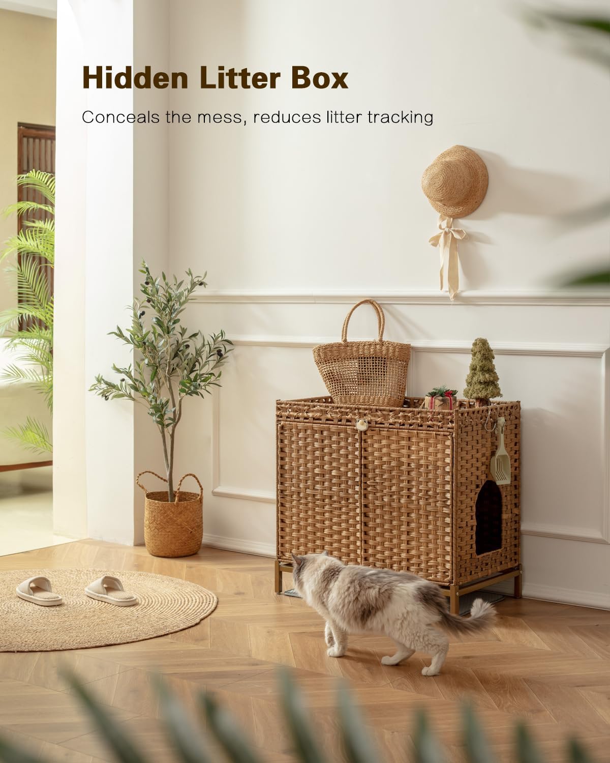 Cat Litter Box Enclosure; Cat Litter Box Enclosure Furniture with Cat Litter Mat;Handwoven Rattan Cat House with Metal Heightened Feet;30.3×18.3×28 Inches;Living Room, Bedroom-Natural