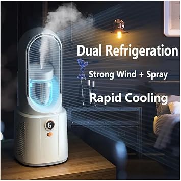 Cooling Fan with Humidifier and Night Light, Portable Silent Air Conditioner, 6 Adjustable Speeds for Office and Bedroom, Desk and Nightstand Use