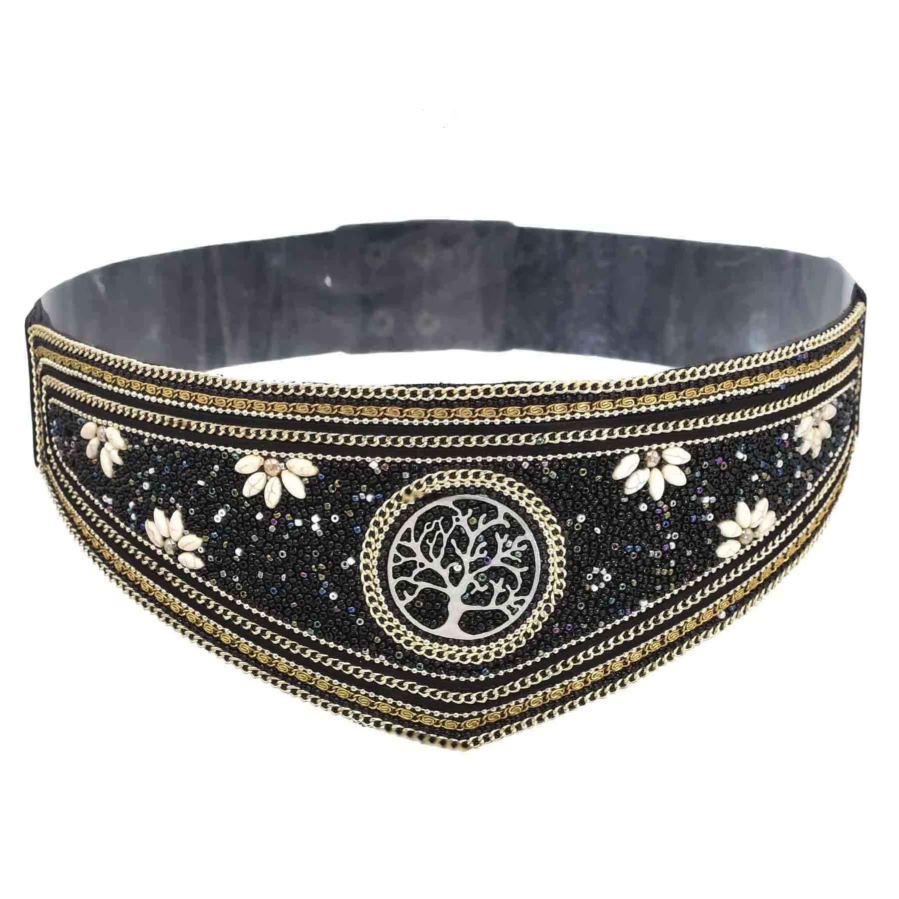 idealway Bohemian Women Belts Wide Stretch Elastic Waist Cinch Belt Handmade Beaded Flower Adjustable Belt for Dresses