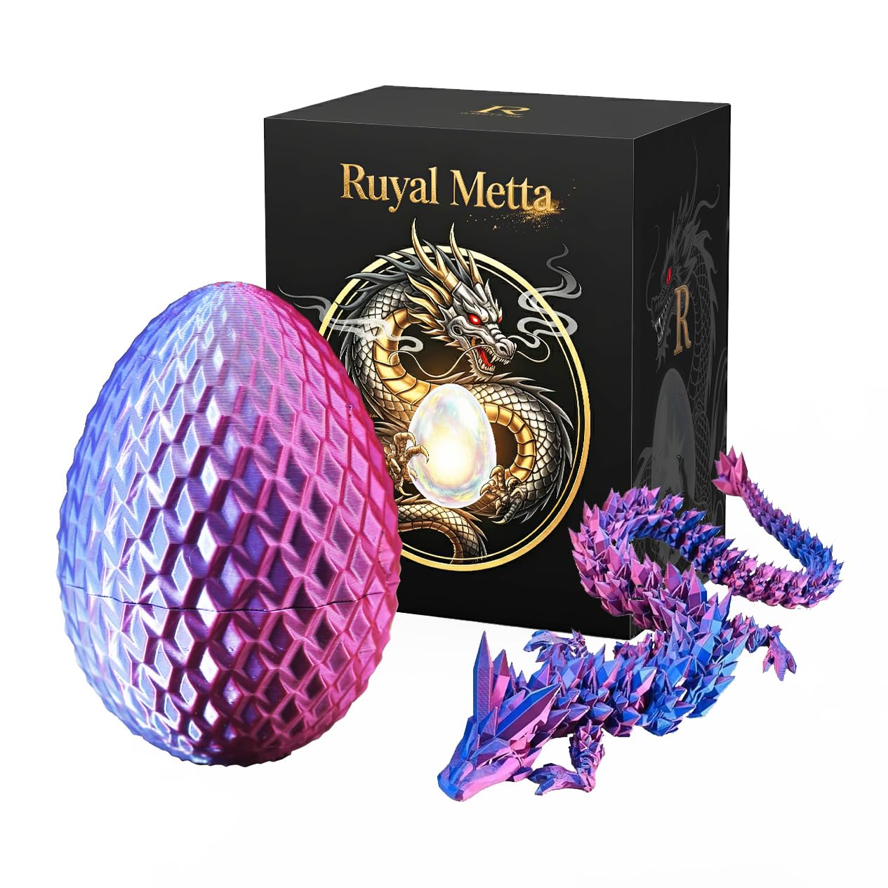 Ruyal Metta 3D Printed Dragon Egg in Gift Box, Mystery Articulated Diamond Crystal Dragon Egg Fidget Toy, 3D Dragon Eggs with Dragon Inside for Kids Teens Boys Girls (Large,Blue)