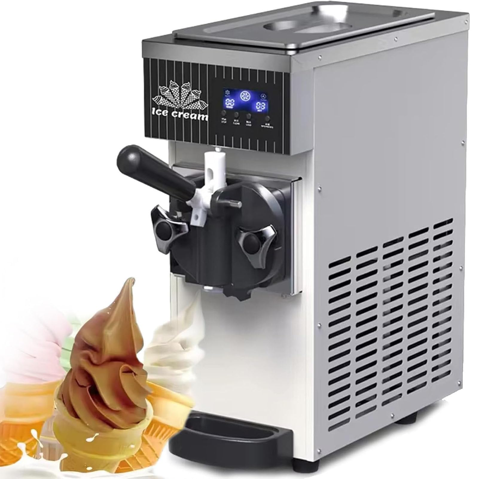 PioMue Professional Soft Serve Ice Cream Maker, Commercial Hard Ice Cream Machine, Soft Ice Cream 4-5 Kg/Hour, LCD Panel, for Yogurt, Coffee, Snack Bar, Restaurant CreamWhite